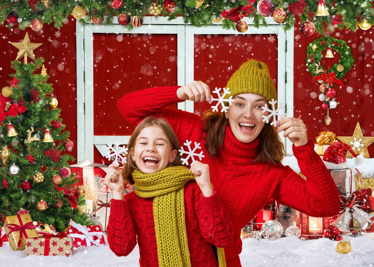 AIIKES 7x5FT Christmas Red Barn Door Backdrop Christmas Backdrop for ...