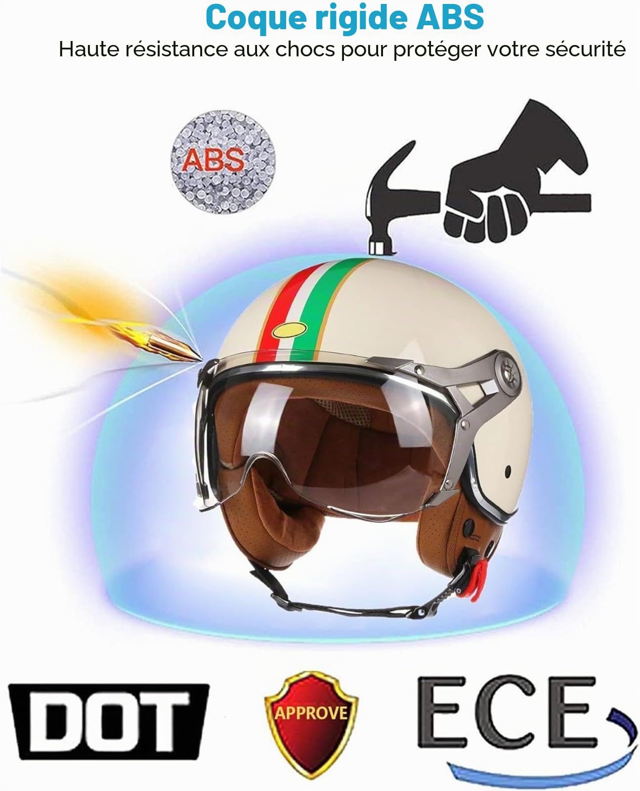 Demi Casque Moto Retro, avec Visière Vintage Casques Bols Homologué Dot/ECE Casque Mobylette Ouvert Demi Casque Homme Femme Casque Jet pour Cruiser Hélicoptère Scooter