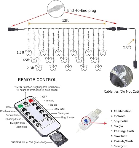 Miniatura 5 de Cortina de luces Lainin de 11.5 pies, 96 smd, 16 cuerdas de mariposas led, 8 modos de luces, para fiestas, interiores, exteriores, jardín, pared,