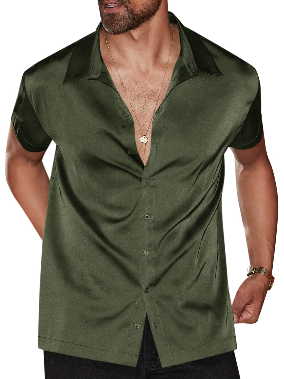 Runcati Mens Luxury Satin Silk Dress Shirts Casual Button Down Short Sleeve Prom Party Wedding Shirt