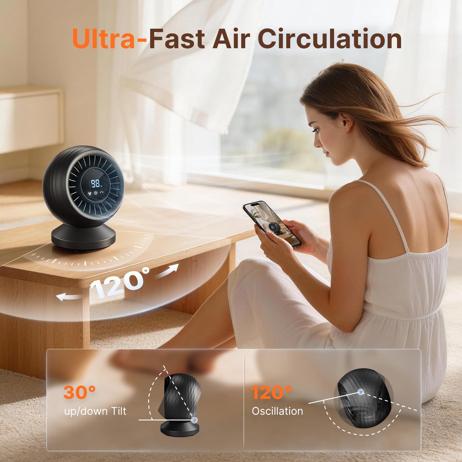 Ventilateur de Table Silencieux 22 dB, Circulateur d’Air 3D Turbo, Oscillation 120°, 7 Vitesses, Batterie 12000 mAh, Écran Tactile LED, Ventilateur de Bureau pour Chambre, Salon et Bureau – Noir