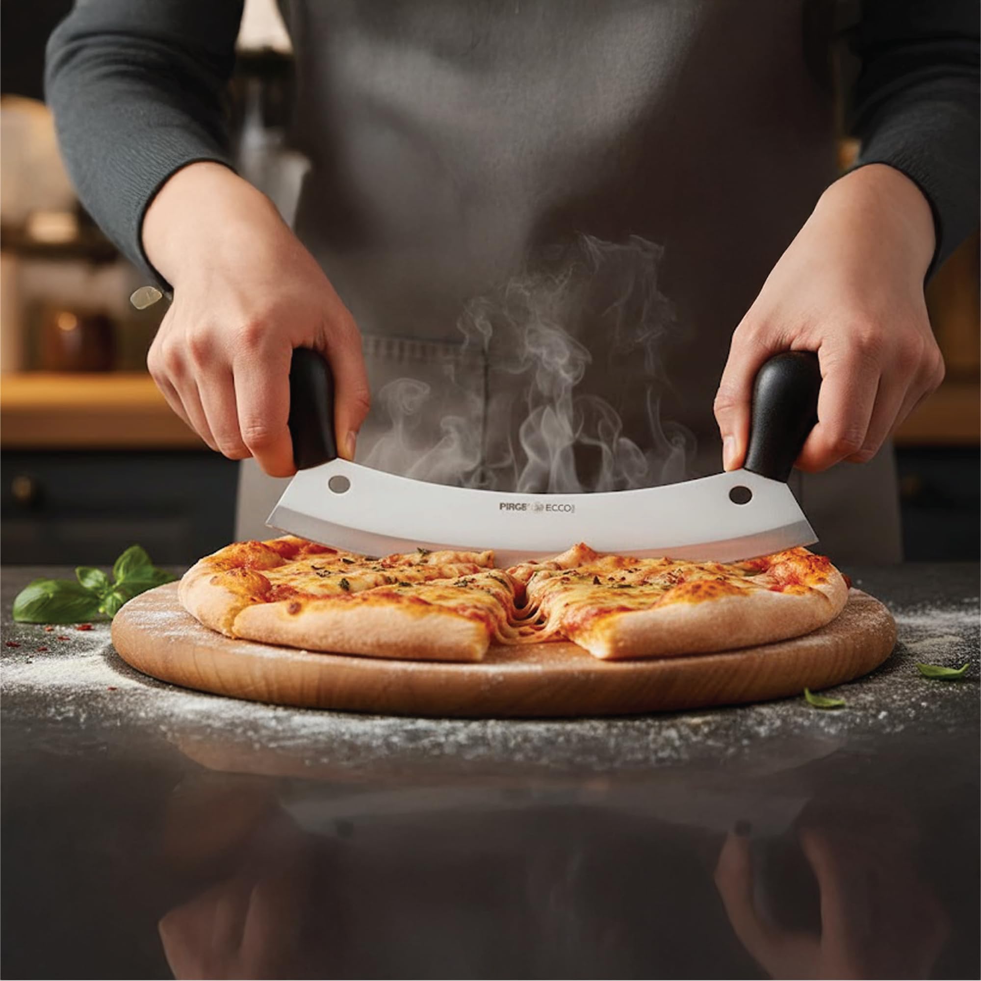 Pirge Ecco Wiegemesser für Fleisch 35 cm Einschneidig Kräutermesser Pizzaschneider - Fleischermesser - Edelstahl Profi Küchenmesser Pizzamesser - Ergonomisches Kunststoff Griffdesign