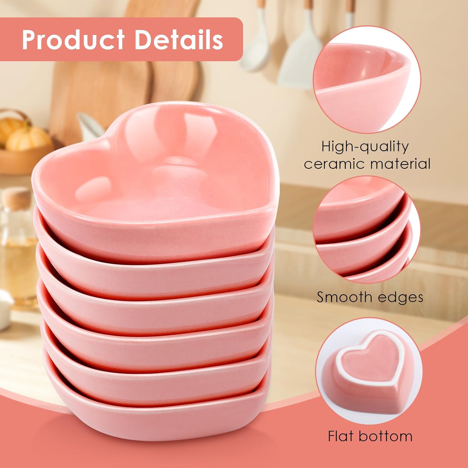 12PCS Ceramic Heart Shaped Dipping Bowls, Mini Soy Sauce Dish,Pink