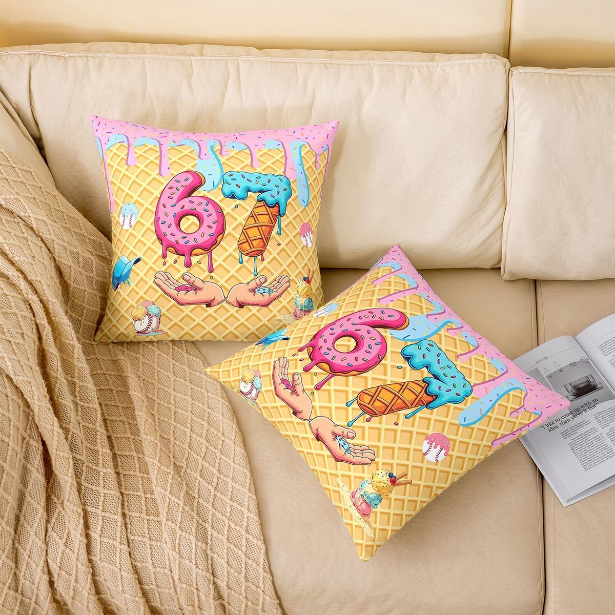 jejeloiu Six Seven 6 7 Throw Pillow Covers Set of 4 Baseball Square Cushion Covers Gaming Sports Pillow Case Ball Game Cushion Case for Couch Sofa Bedroom Decor 16 x 16-Inch image 3