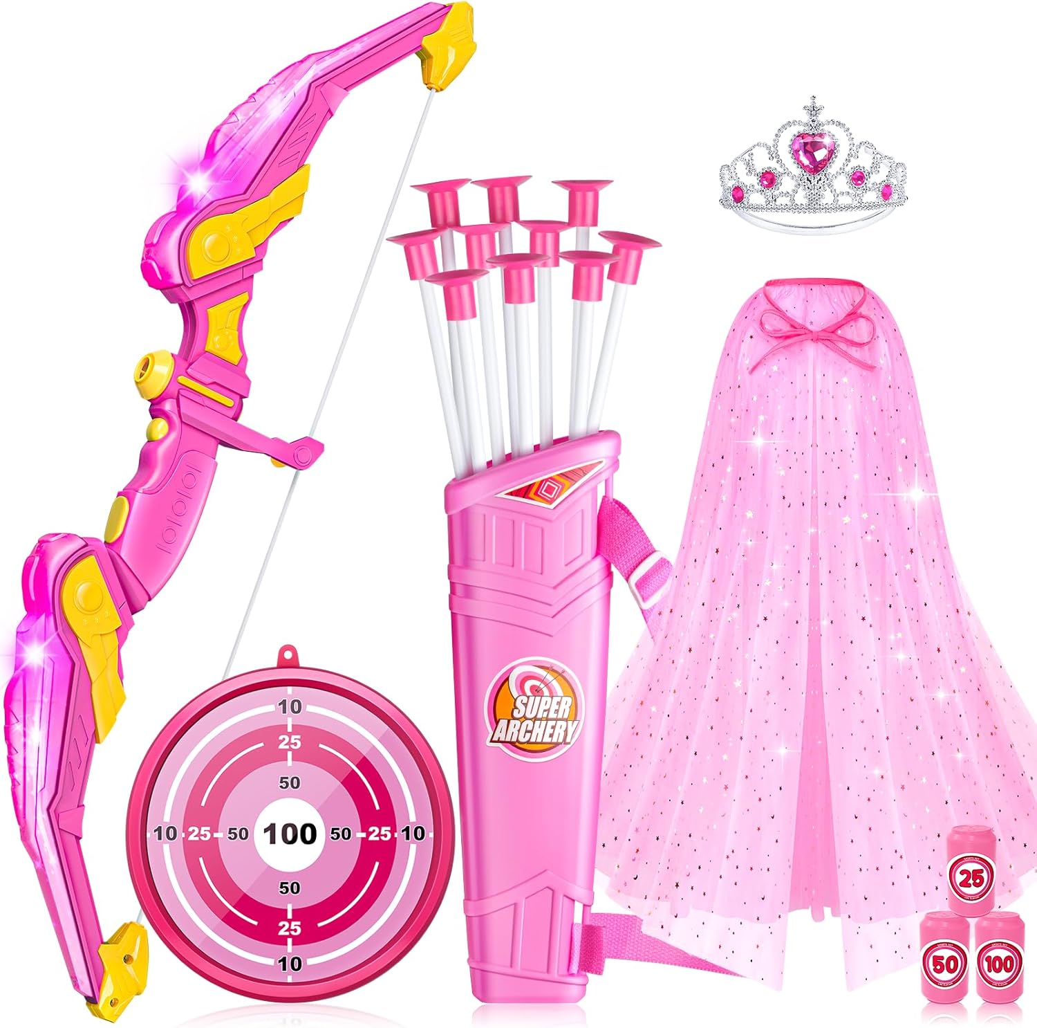 DUDUCOFU Kids Bow and Arrow Set Toys for Girls, LED Light Up Archery Bow Set with Princess Cape and Crown, 10 Suction Cup Arrows, Indoor and Outdoor Play Birthday Gift Toy for Kids Boys Girls