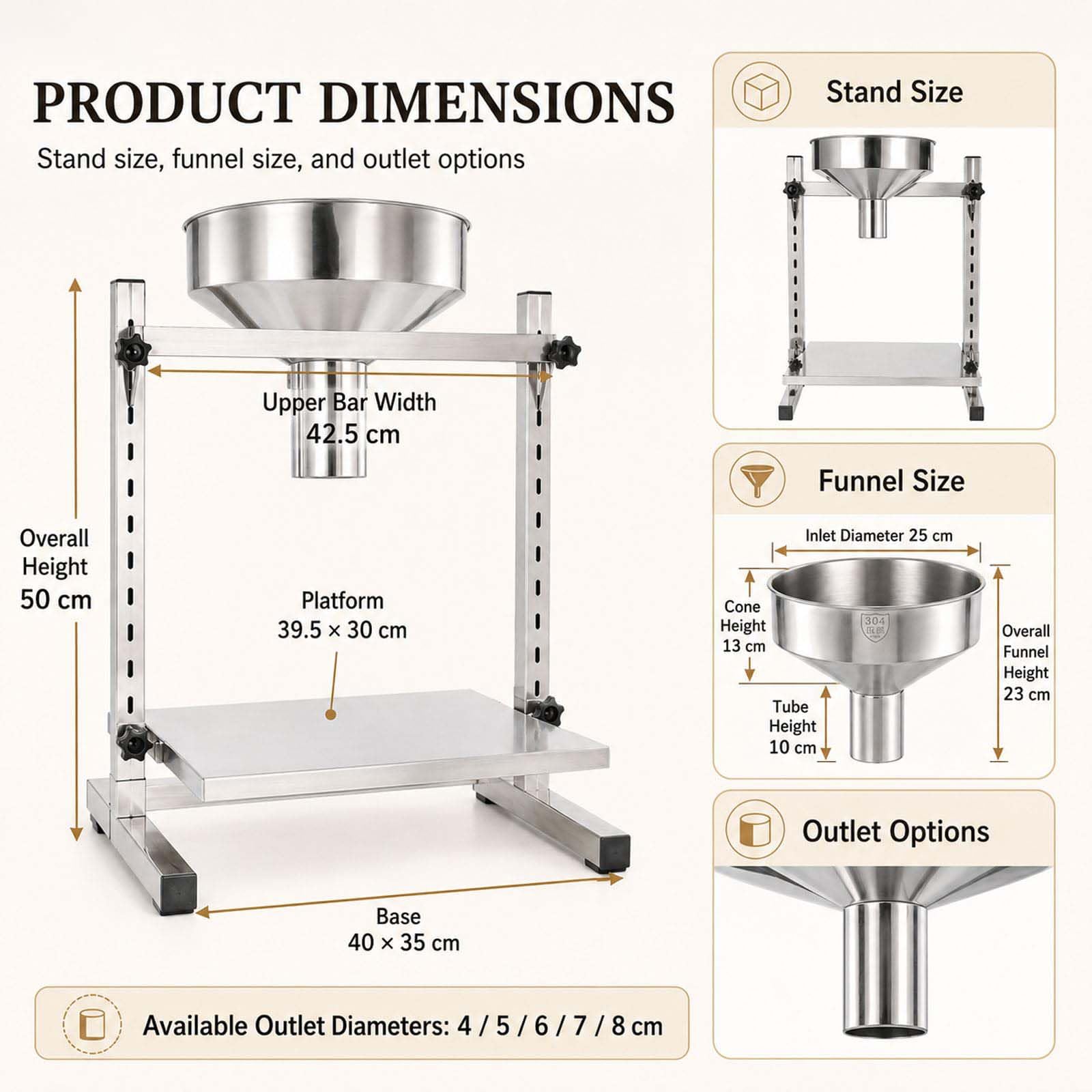 Soporte de embudo de llenado de acero inoxidable ajustable