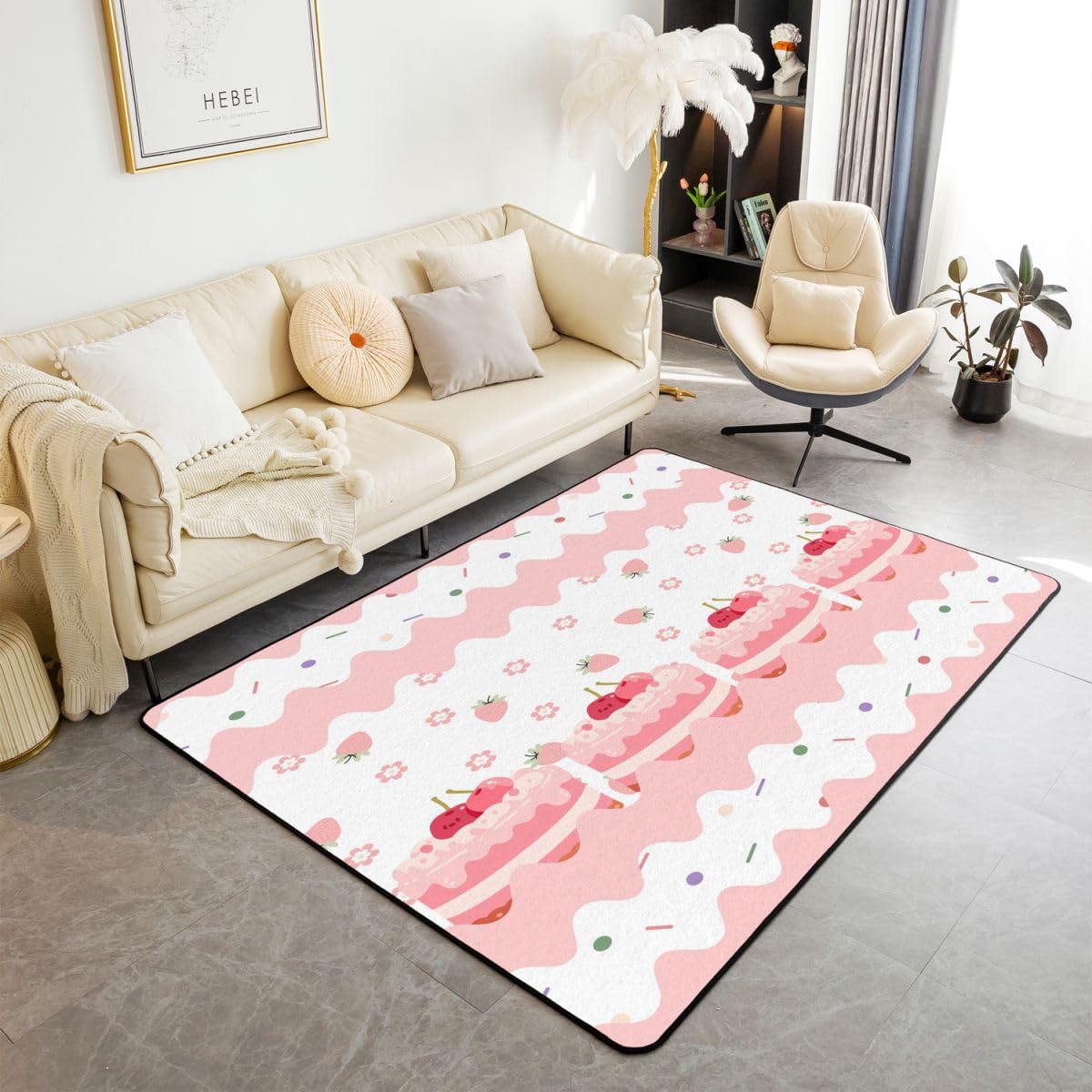 Dywan do salonu, różowy, truskawkowy, 100 x 150 cm, kremowy, do ciast i sypialni, dla dzieci, nastolatków, słodkie kwiaty, słodka księżniczka, mata do wnętrz, dekoracja domu