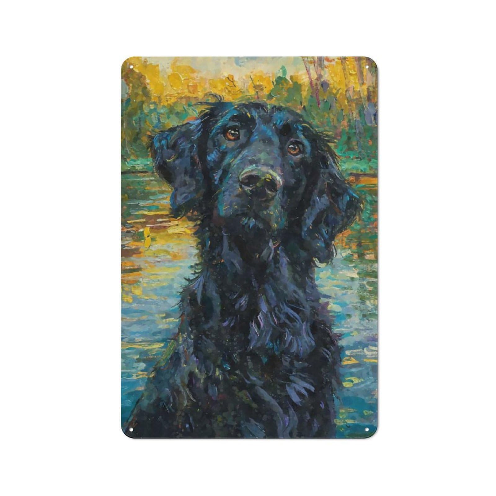 Junmoney Flatcoated Retriever Monet Tin Wall Sign With Design 30X20cm, Classic Bistro Wall Plaque For Bakery, Diner, Cafe Or Family Room