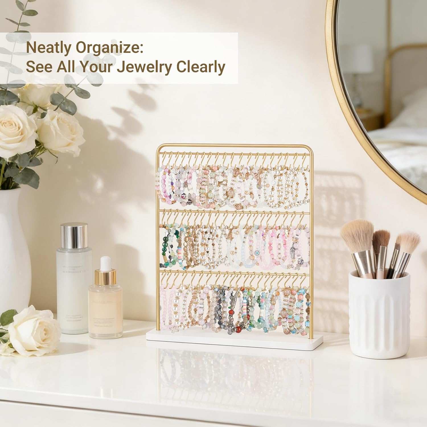 Mkono Hanging Jewelry Organizer Wall Mounted Earring Holder Metal Necklace Holder Wood Shelf and Bracelet Holder Metal Jewelry Organizer Display Stand Modern Necklace Holder For Storage Bracelet Rings