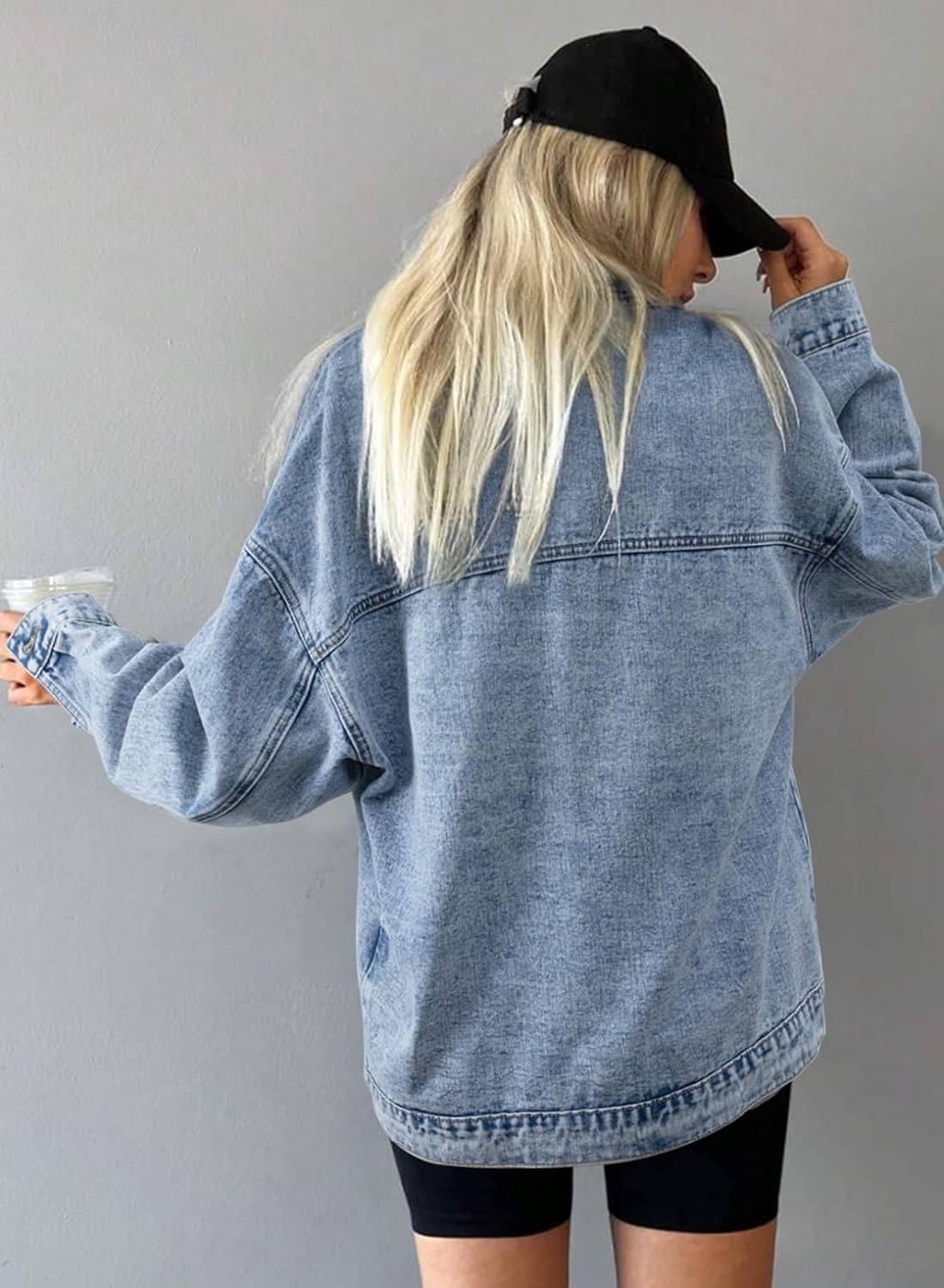 SHEWIN Womens Denim Jacket Casual Long Sleeve Drop Shoulder Button Front Jean Jacket Coat With Pockets - Image 3