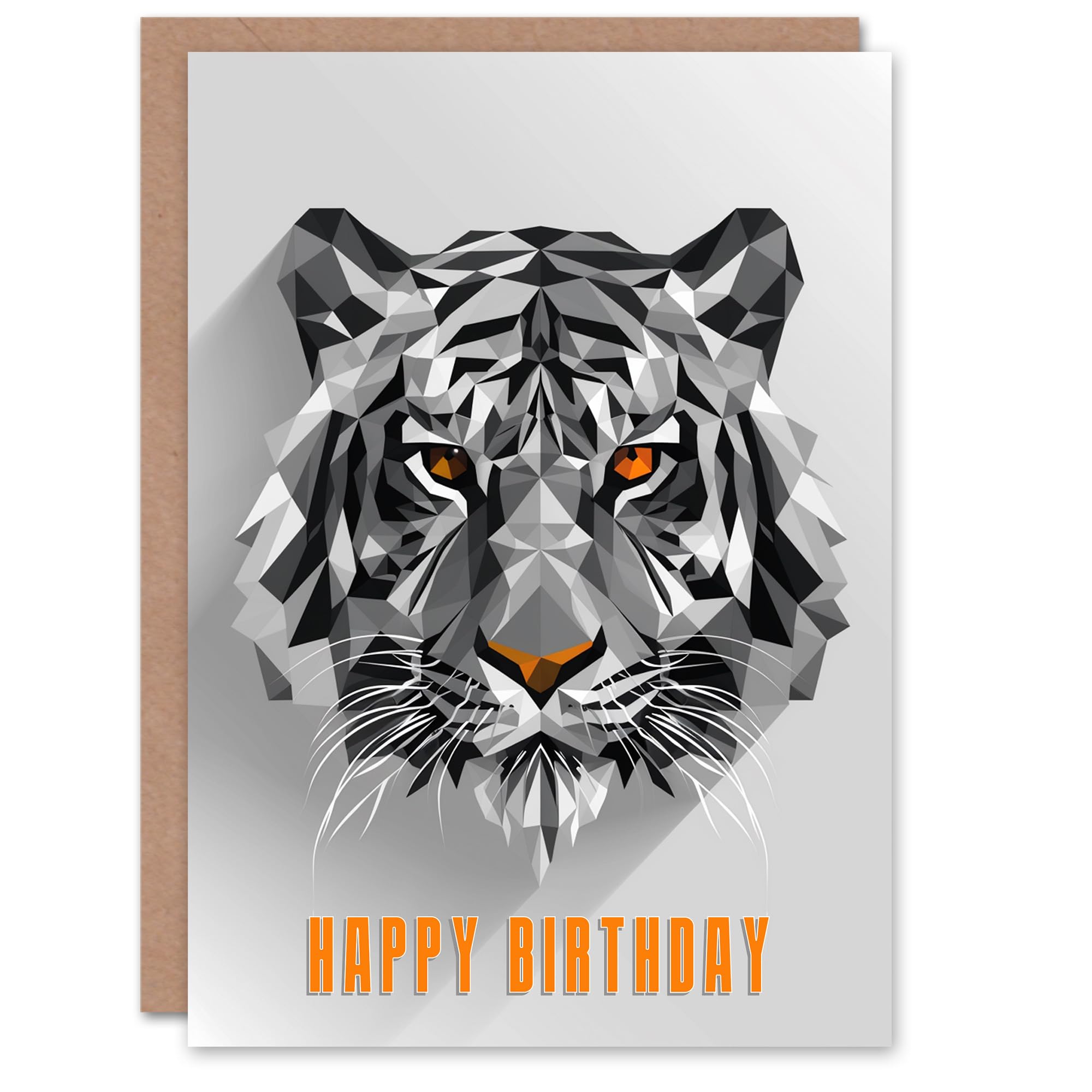 Artery8 Geometric Tiger Head Grey Orange Polygonal Animal Blank For Him Or Her Art Birthday Card