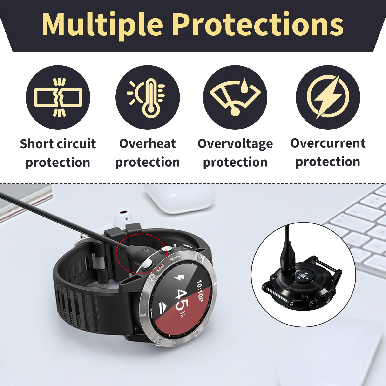 2 Pezzi Caricatore Cavo compatibile con Garmin Fenix 7/6/5 Series, Forerunner 945/935/745, Vivoactive 4/3, Venu, Instinct, Approach S60/S40, D2 Delta, Caricabatterie, Cavo di Ricarica USB da 1M, Nero
