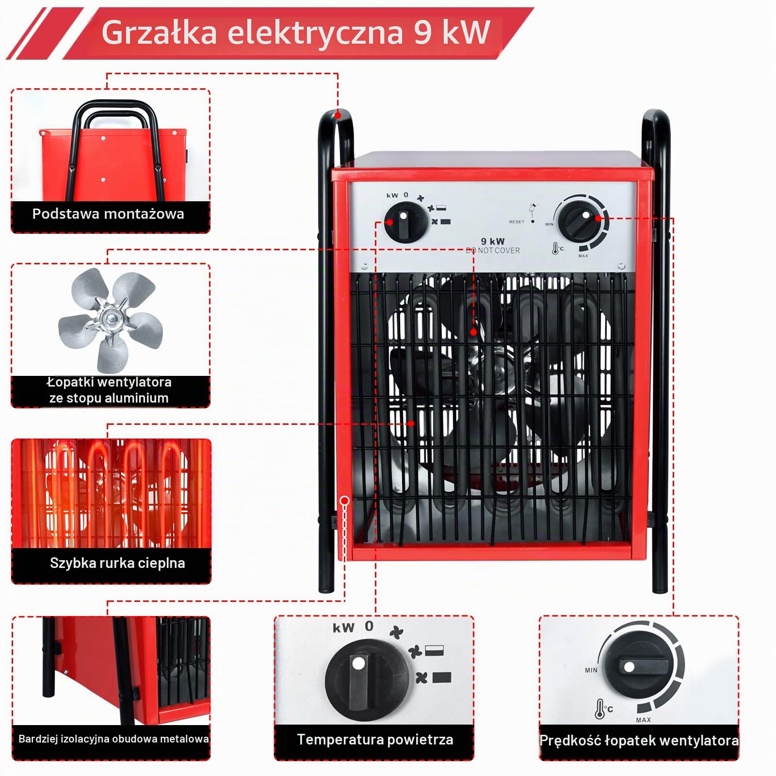 LZQ Termowentylator elektryczny 9 kW, energooszczędny, profesjonalny grzejnik przemysłowy, z 3 stopniami ogrzewania, wbudowany termostat, grzejnik budowlany