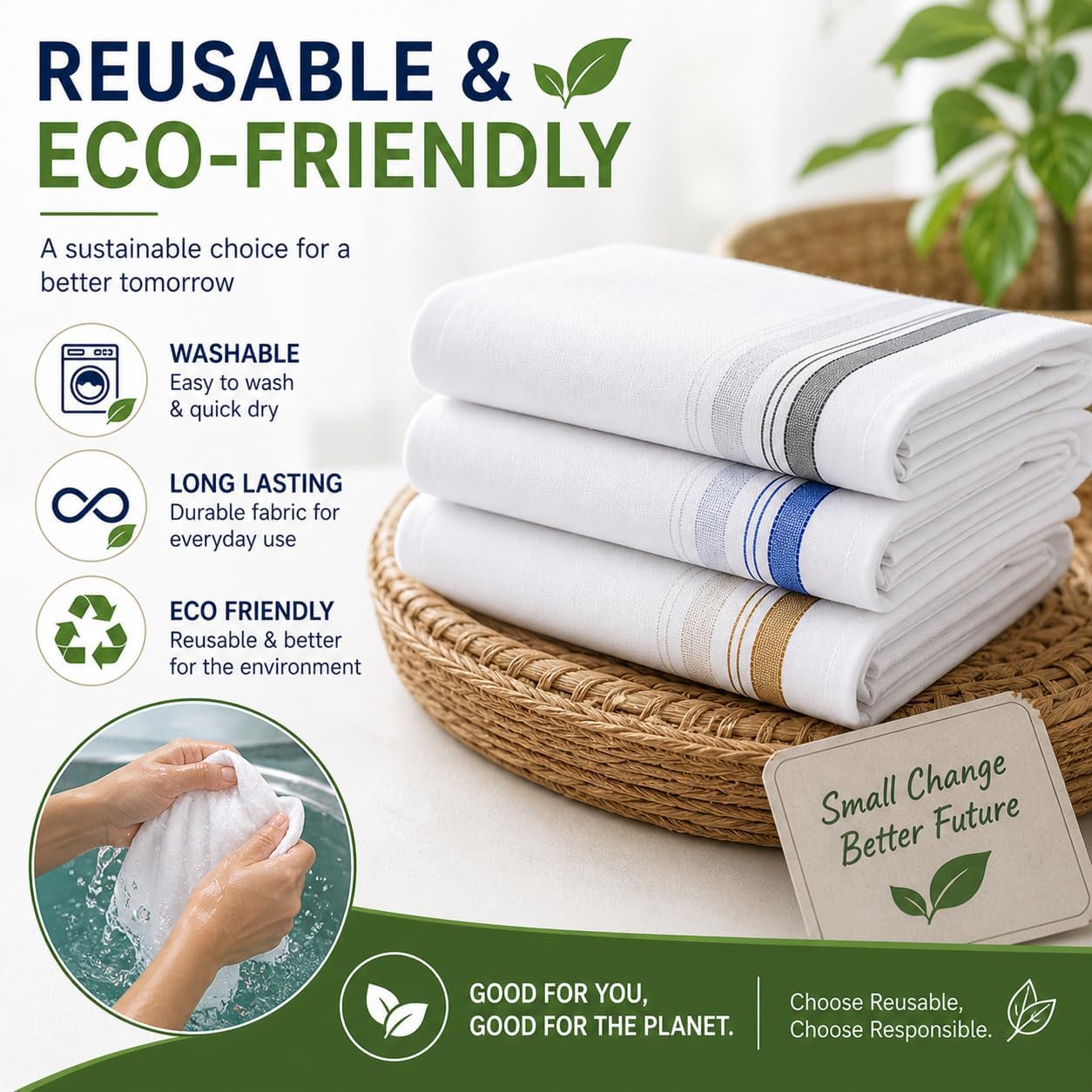 Garden Of Arts® Men's Cotton Handkerchiefs Pack of 3 – 48 x 48 cm Large Size, White with Colored Border, Soft Breathable Reusable Hankies for Daily Use, Office & Formal