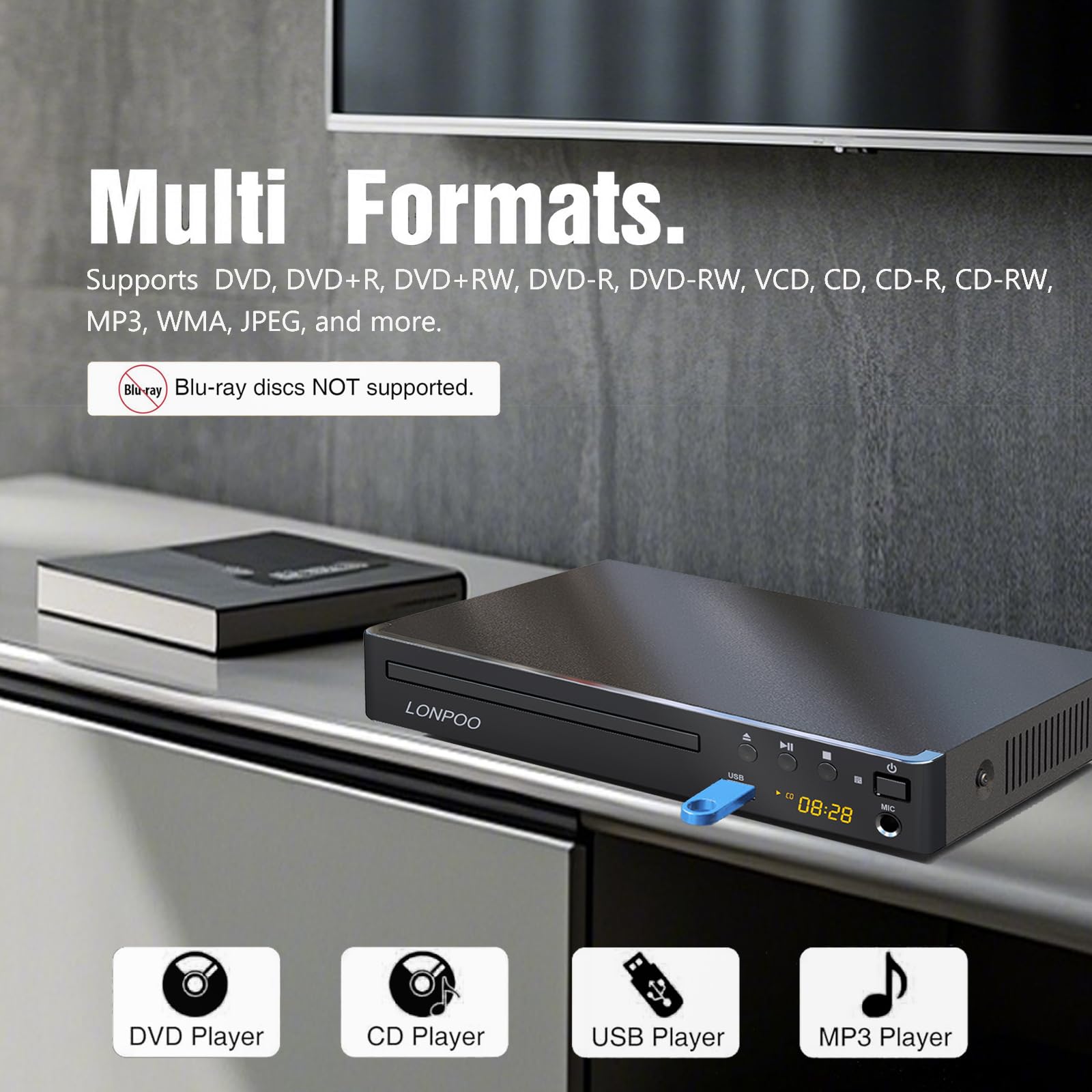 Region Free DVD-Player für Fernseher - Mini CD DVD Player mit HDMI, RCA, Koaxial Ausgang, USB-Eingang & MIC-Ausgang, 1080p HD Upscaling, Fernbedienung