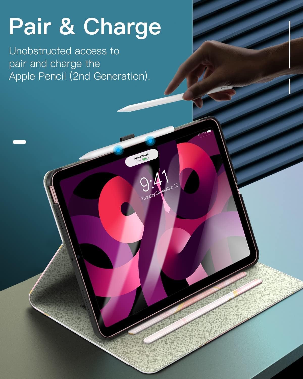 Dadanism Case for iPad Air 5th/4th Generation 2022/2020 10.9 inch, Support Magnetic Charging, Protective Cover with Flexible Hand Strap & Card Slots, Auto Wake/Sleep, Geometric Marble Pink