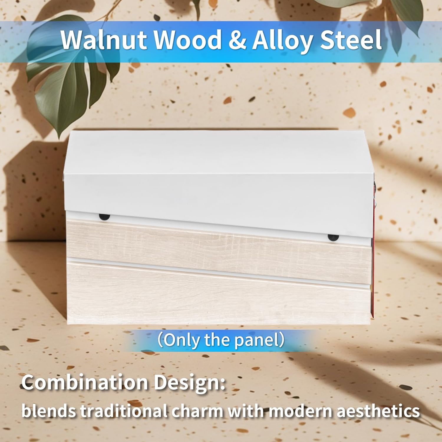 Wall Mount Mailboxes, Modern Mailbox with White Walnut Wood Panel, Large Capacity Galvanized Steel Post Box with Flag (No Keys Locking)