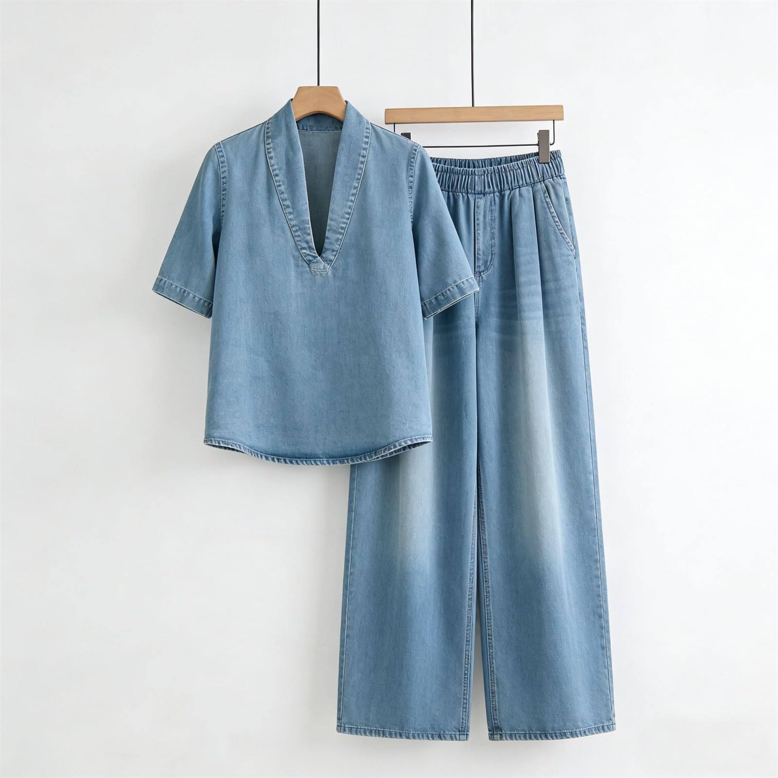 Conjunto de pantalones vaqueros para mujer, verano, elegante, 2 piezas, algodón, holgado, suelto, elegante, informal, ligero, con cordón, correr en casa, san mangas, camisa con cuello en V, pantalones