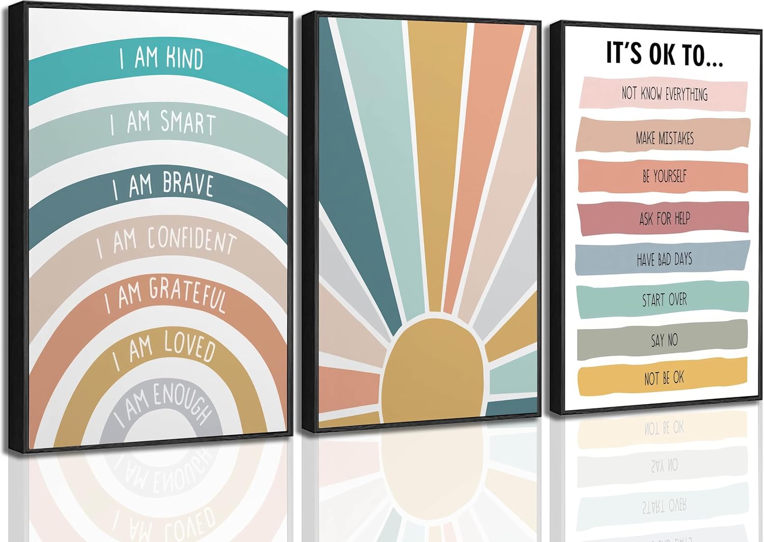 3 Pcs Nursery Boho Affirmations Canvas Wall Art Kids Lnspirational I Am Kind Smart Brave Rainbow Painting Picture Wall Decor Mental Health Posters Prints for Toddler Kids Room Classroom (12x16-canvas)