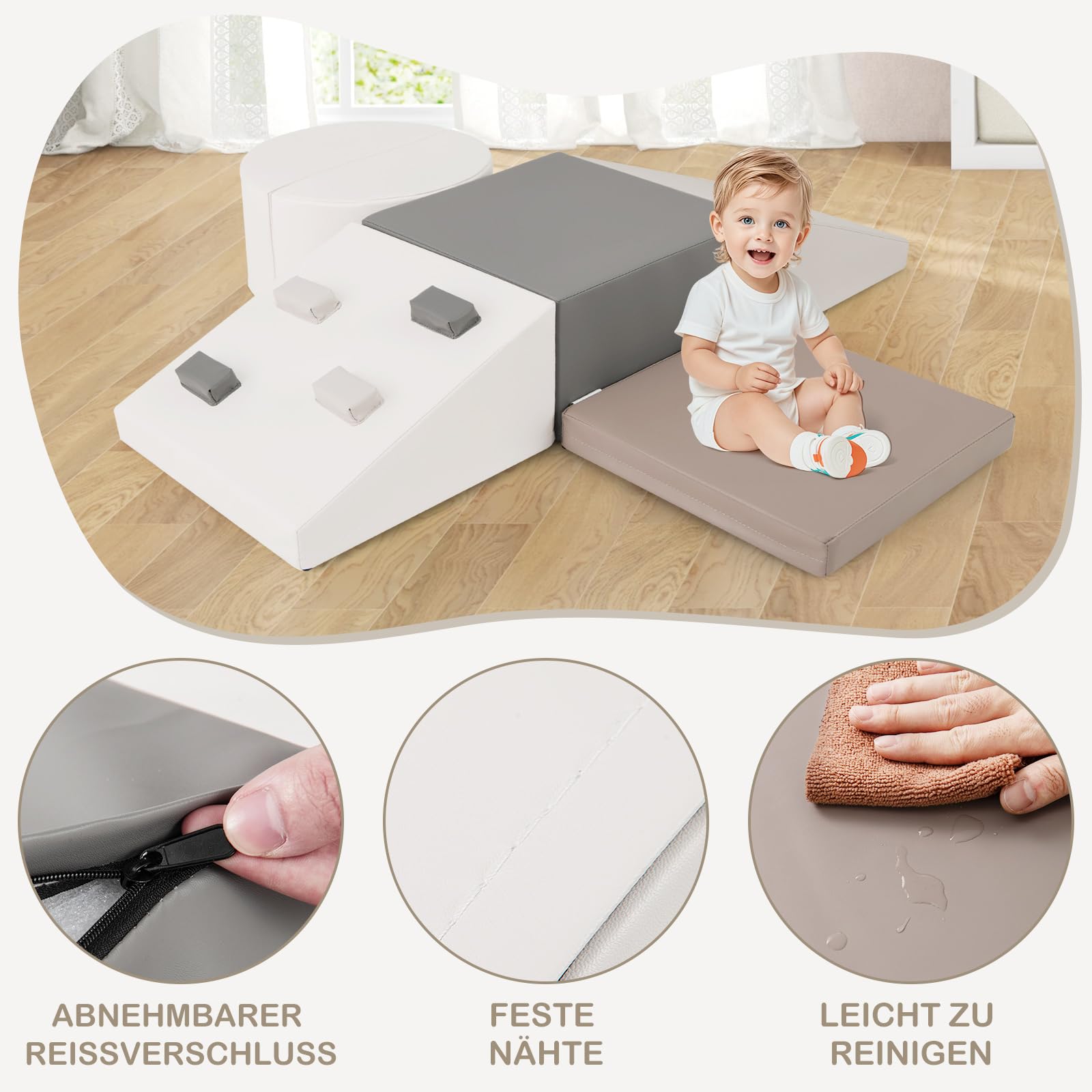 GOPLUS 6 TLG. Schaumstoffbausteine, Softbausteine zum Klettern & Rutschen, Riesenbausteine aus Kunstleder & Schaumstoff, Großbausteine Softbausteine für Baby Kleinkinder ab 1 (Weiß)