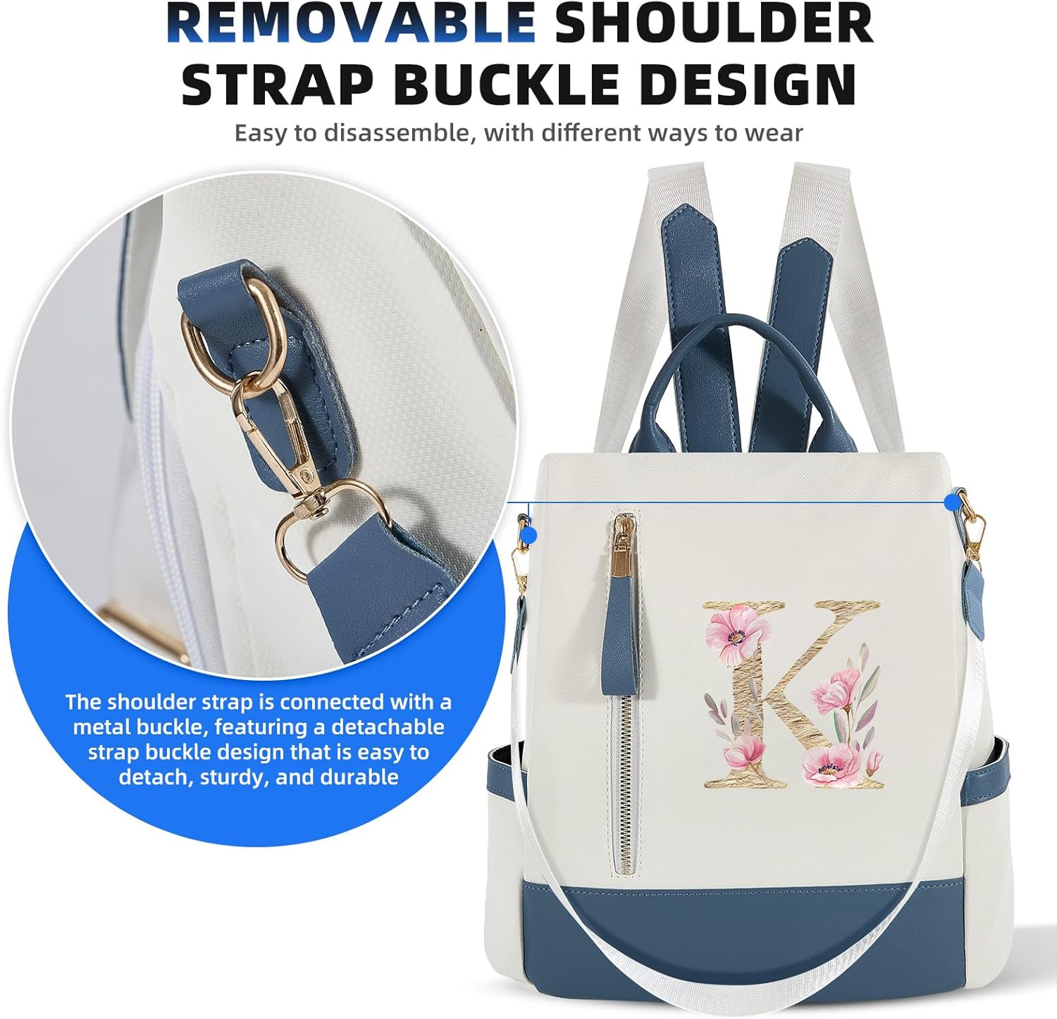 Backpack for Women & Men 11 inches Laptop Backpack with Initials Backpack Purse with Anti-Theft Pocket Tote Shoulder Bag (K) - Image 2