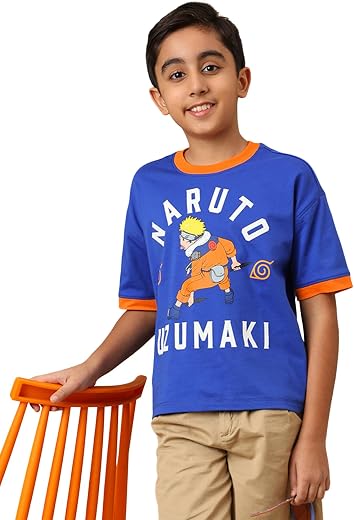 Kidsville Official Naruto Uzumaki Boys Half Sleeves Round Neck Graphic Printed Oversized Fit Pure Cotton Tshirt