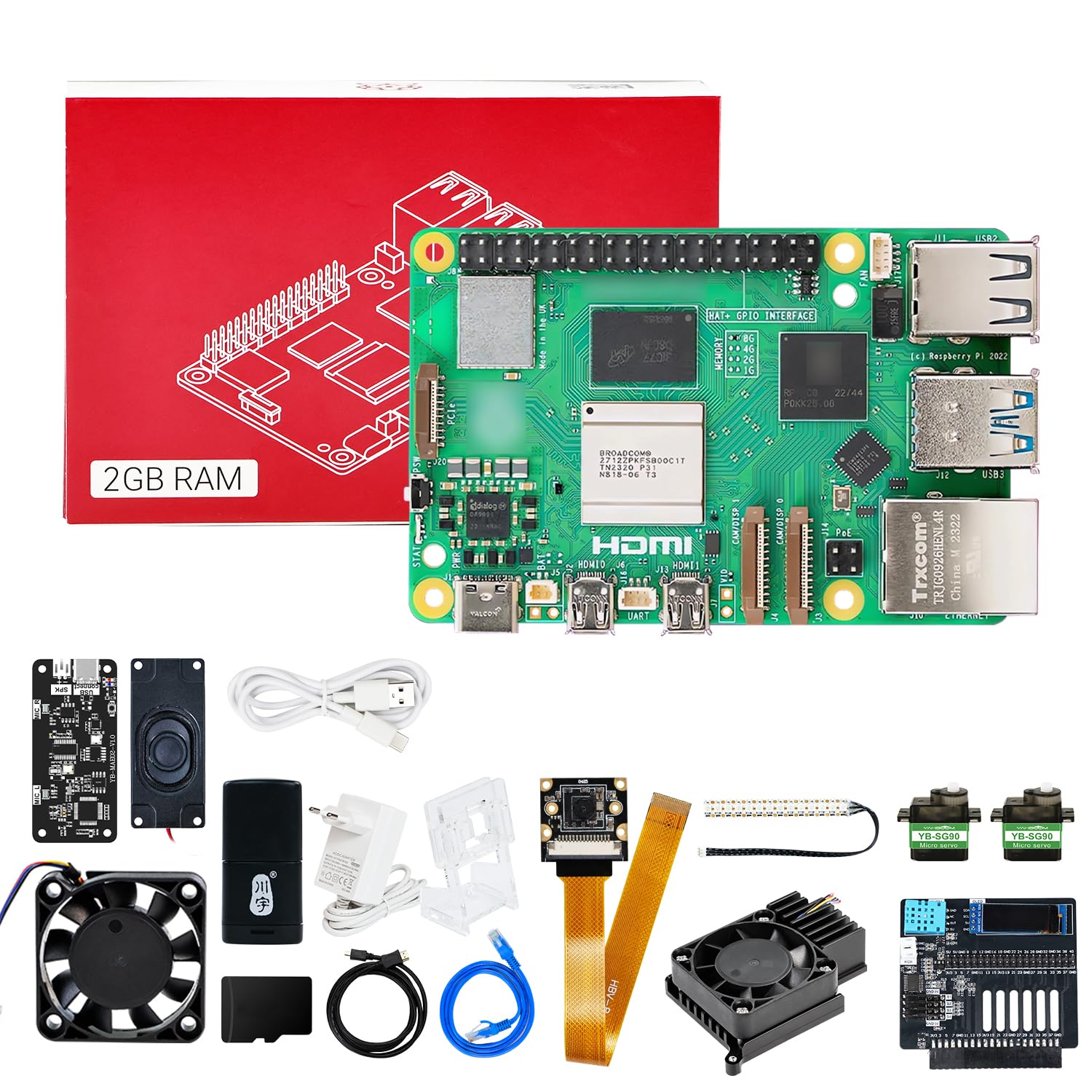 Yahboom for Raspberry Pi 5 2GB Kit with AI Voice Module, 27W 5.1V5A | USB-C Power Supply,IMX219 Camera,Active Cooler,OpenClaw Extension Package（2GB-OpenClaw Ext Kit）