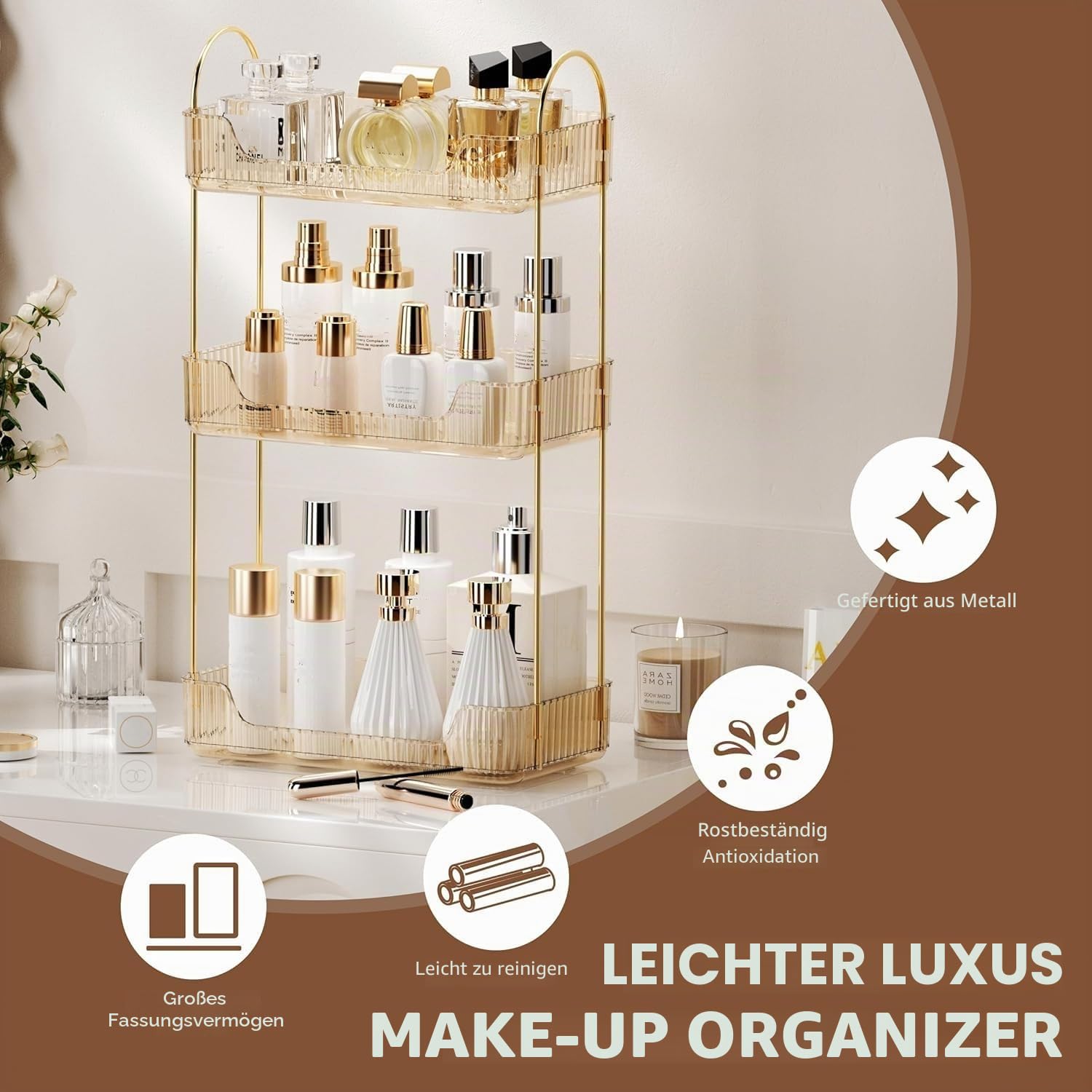 CESTATIVO Make up Organizer, Kosmetik Organizer, Beauty Organizer, Hautpflege Organizer für Badezimmer (3 Schichten, Bernstein)