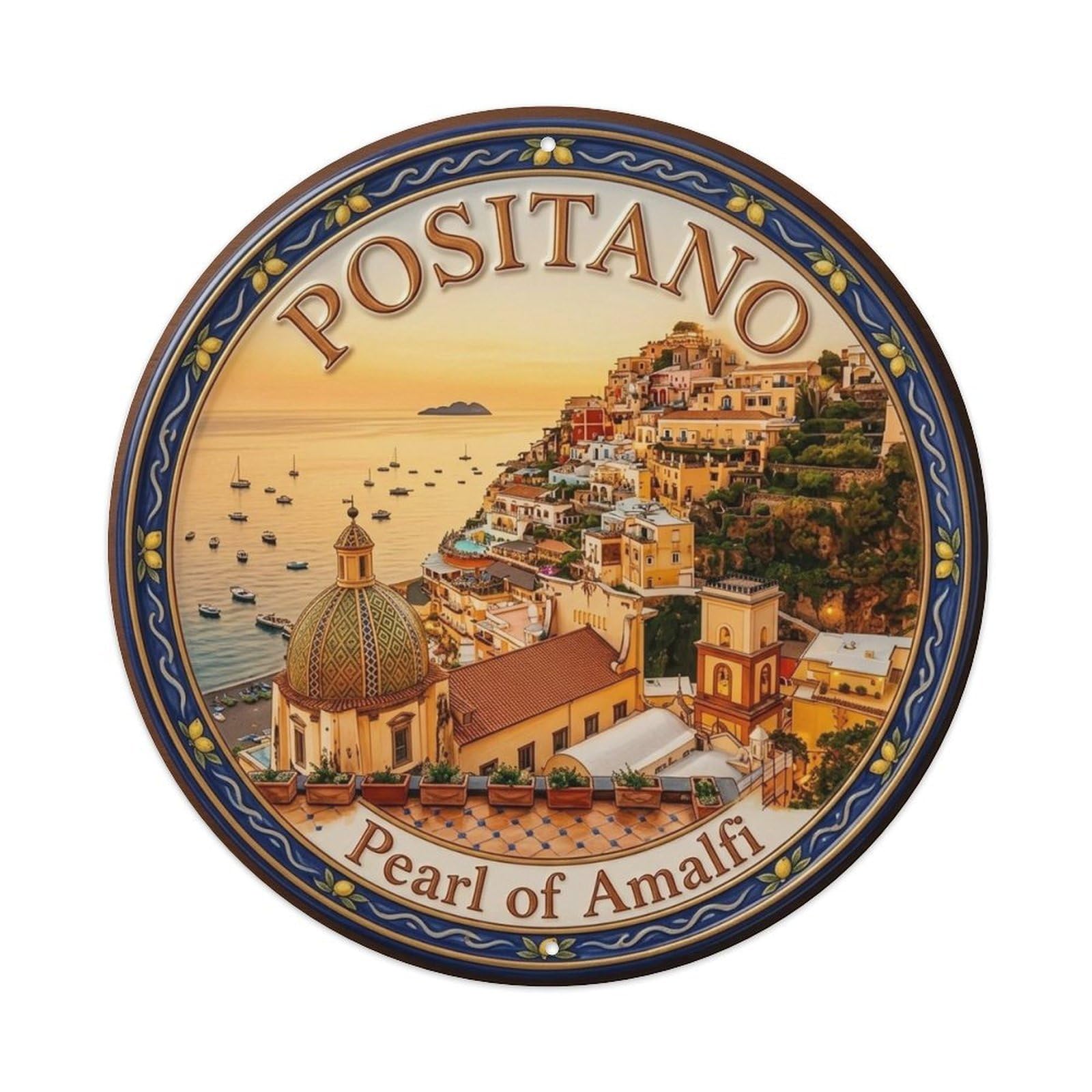 Classic Positano Italy City Harbor Scenic Landmark Europe Metal Tin Sign Plaque Wall Decor for Cafe, Man Cave, Club Bar, Office, Home Garden Round Metal Poster 8x8Inch