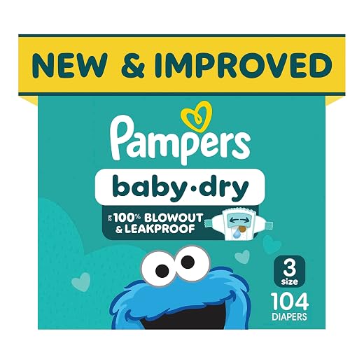 Pampers Baby Dry Ultra Cushiony Diapers, Size 3 (13-26 lbs), 104 Count, Up to 100% Leakproof (Packaging May Vary)