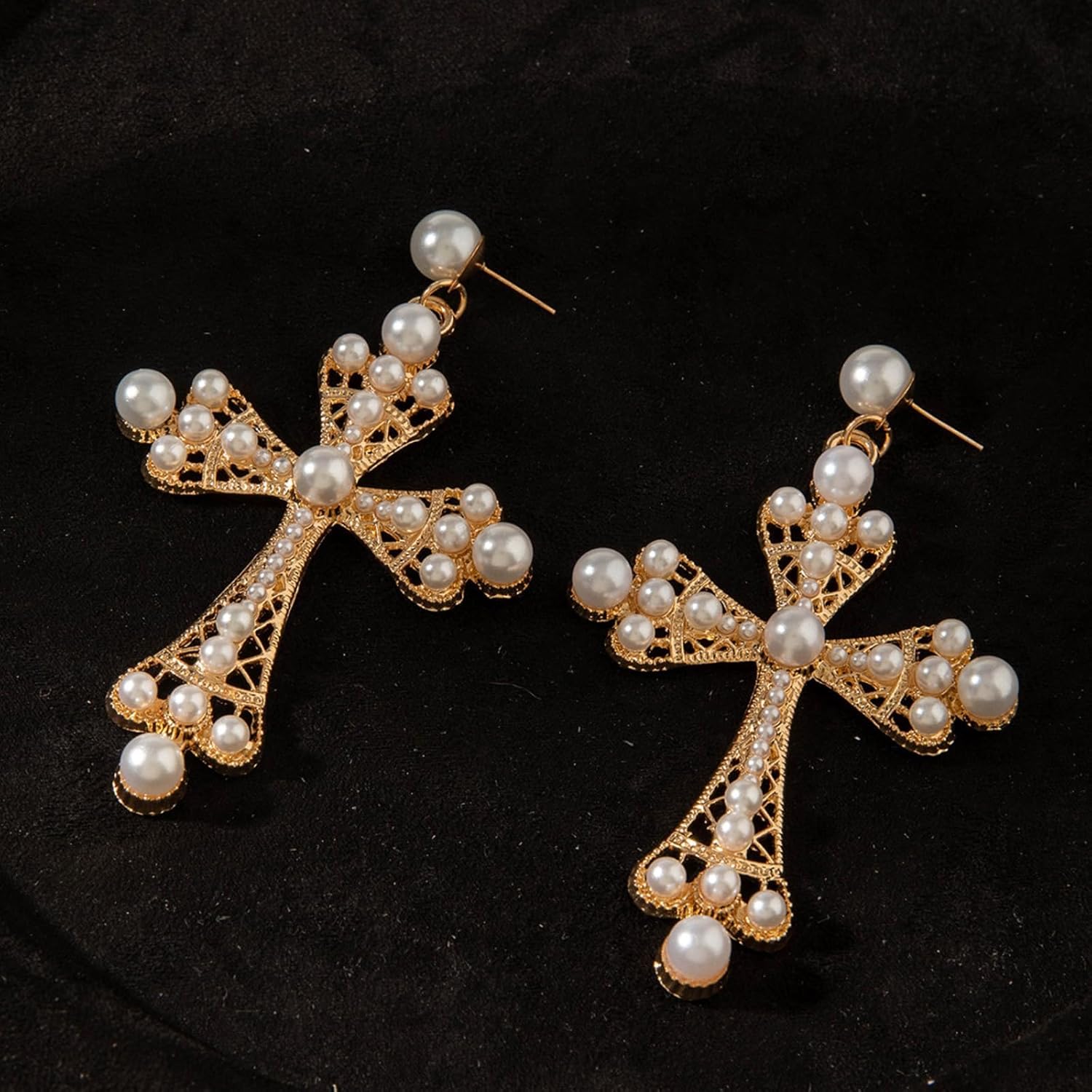 Gothic Cross Earrings for Women Vintage Pearl Drop Dangle Earrings Chunky Gold Statement Jewelry Punk Style Retro Exaggerate Big Cross Jewelry - Image 5