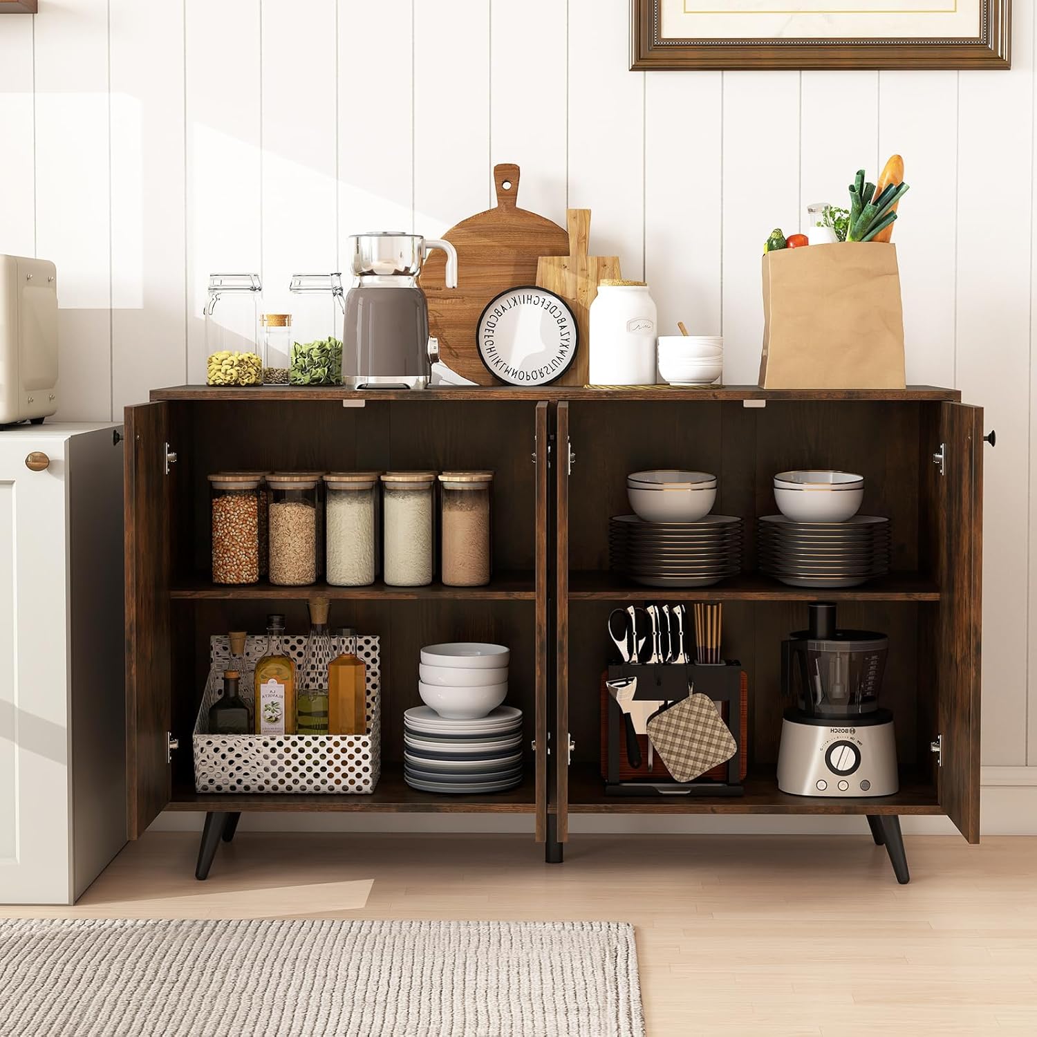 LOKO 50” Kitchen Buffet Cabinet with Storage, 4-Door Storage Cabinet with Adjustable Shelves, Mid Century Modern Floor Cupboard with 5 Support Legs for Living Room, Dining Room (Rustic Brown)