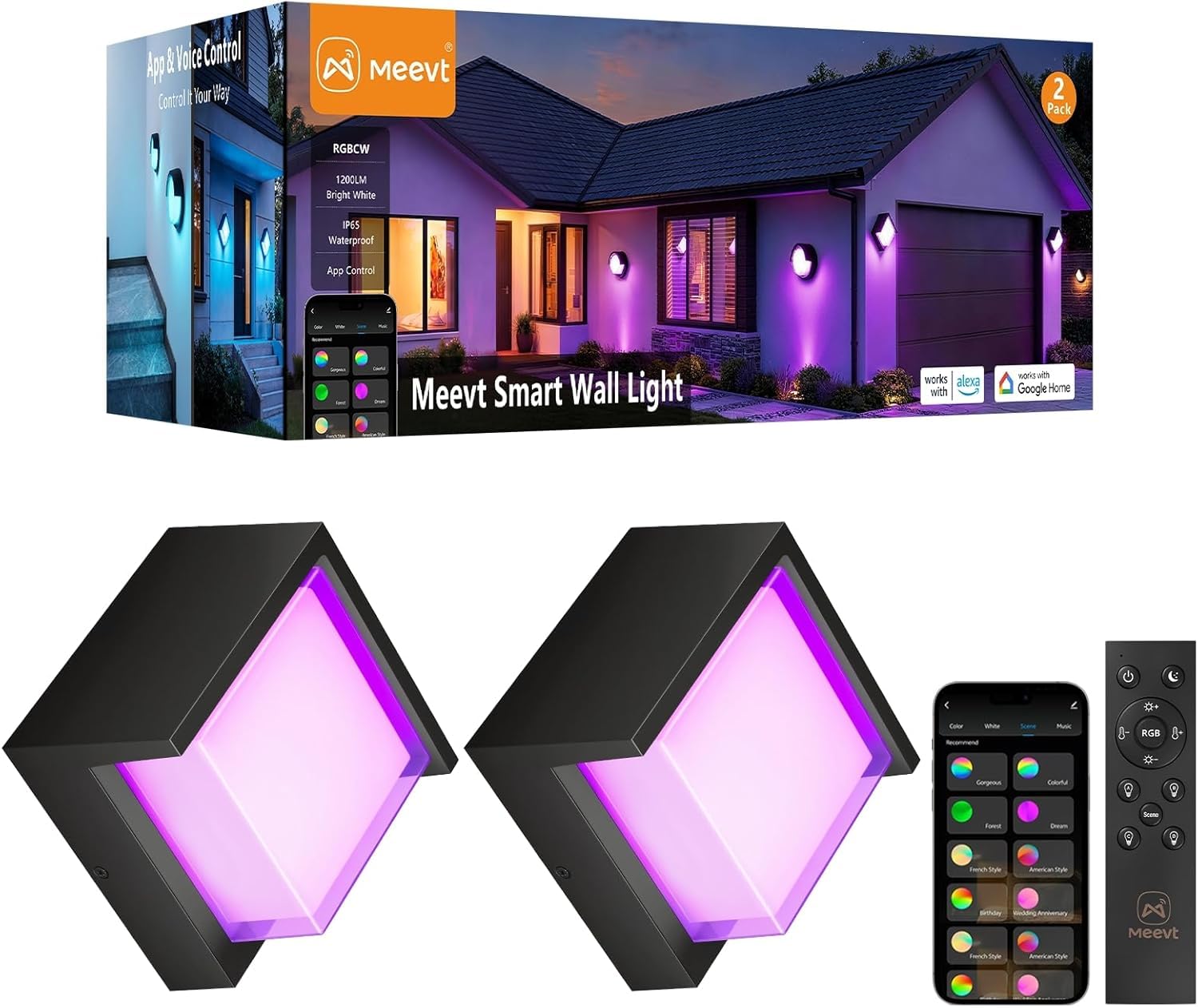 Meevt Aussenlampe Wand Square, RGBCW LED Wandleuchte, Wandlampe 2 Stück | 1200LM, IP65 Wasserdicht, Kompatibel mit Alexa/Google Assistant, Bedienbar per App und Fernbedienung, für Drinnen/Draußen