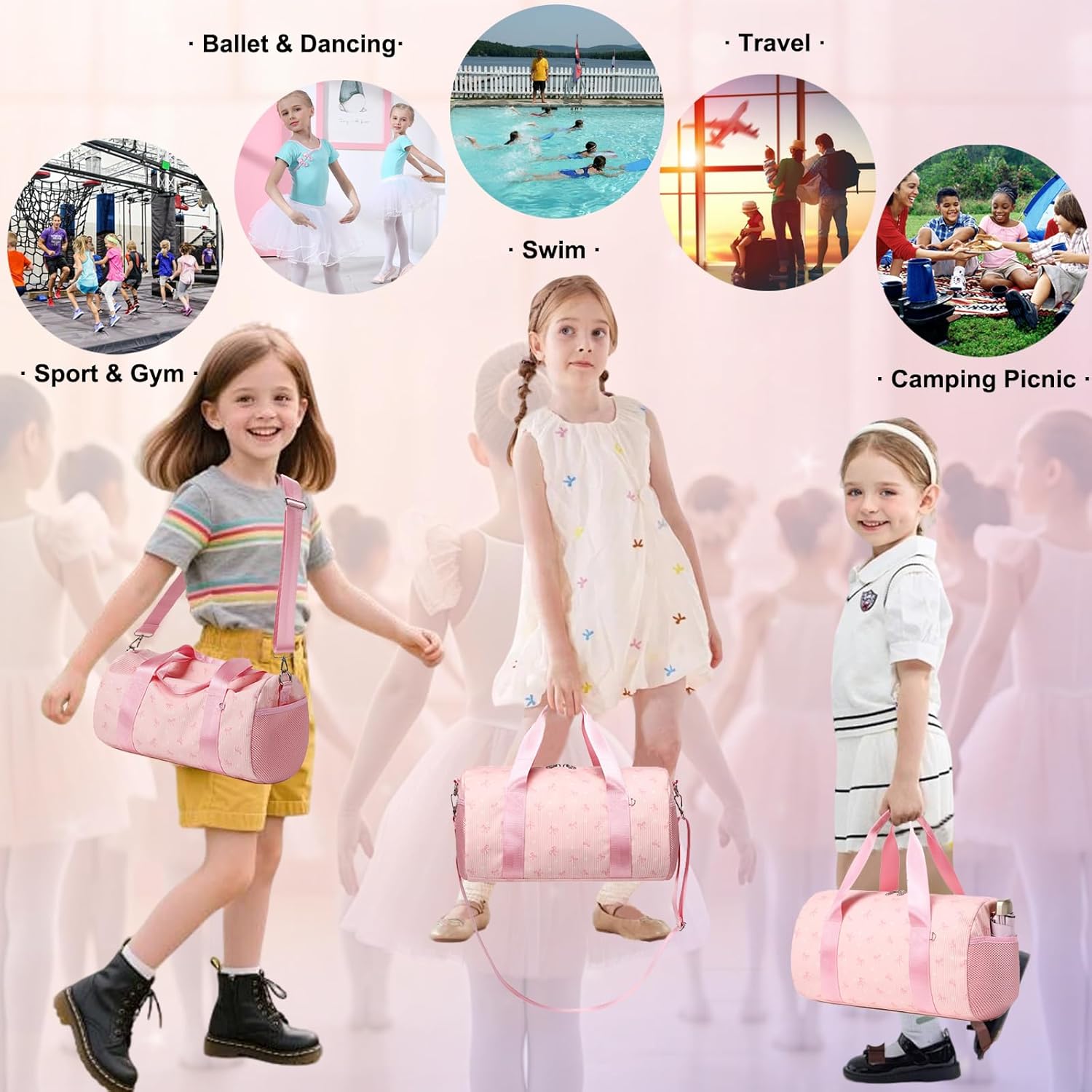 Dance Ballet Bag for Girls Small Duffle Ballerina Bags with Waterproof Dry Wet Separated Compartment Corduroy Bow Dance Bag for Girls 4-6 Pink - Image 7