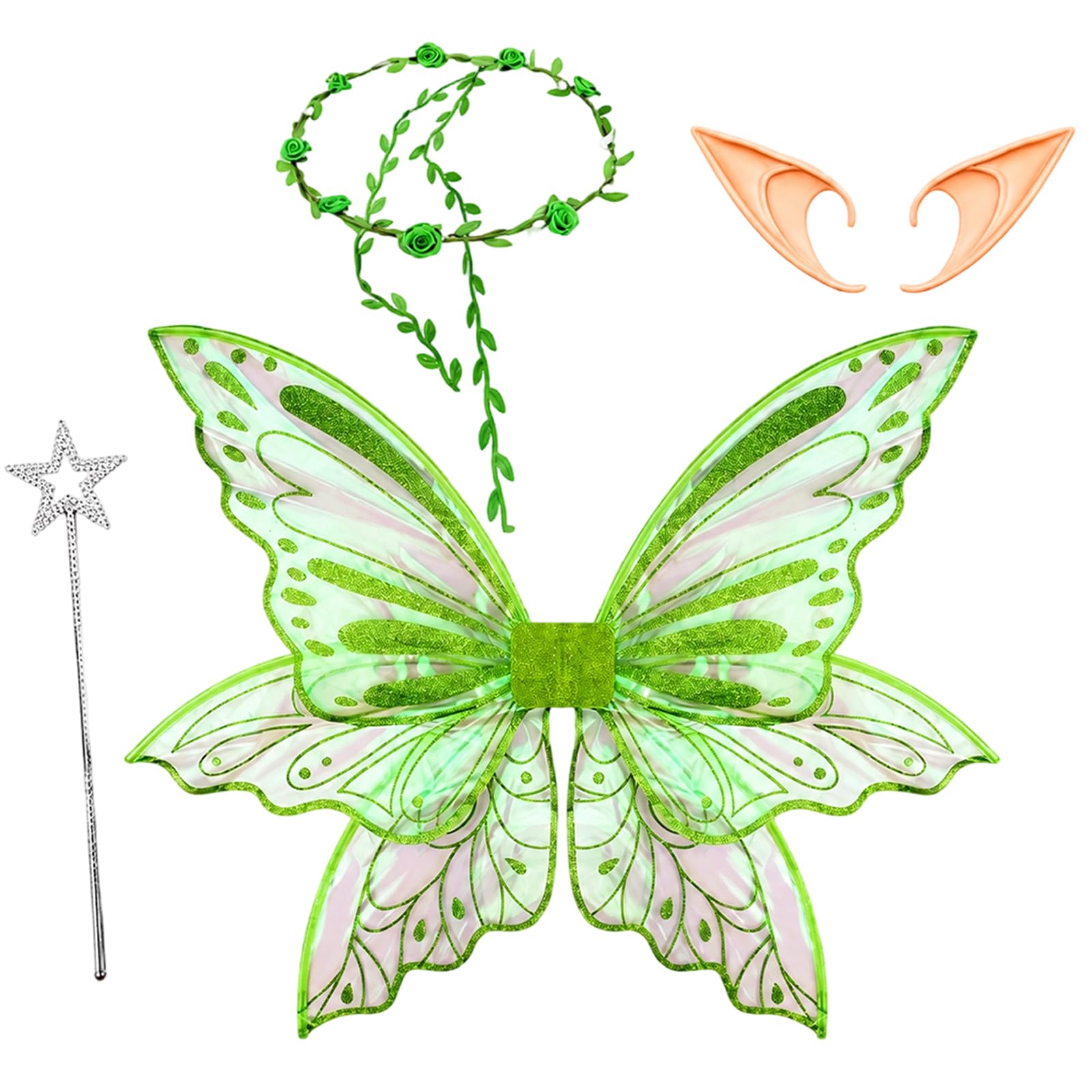 Fairy Wings, Halloween Costumes, Strapless Fairy Wings for Cosplay Events and Costume Parties, Large Brown Wings with Elf Ears and Fairy Wand, Halloween Costume Accessories (Green)
