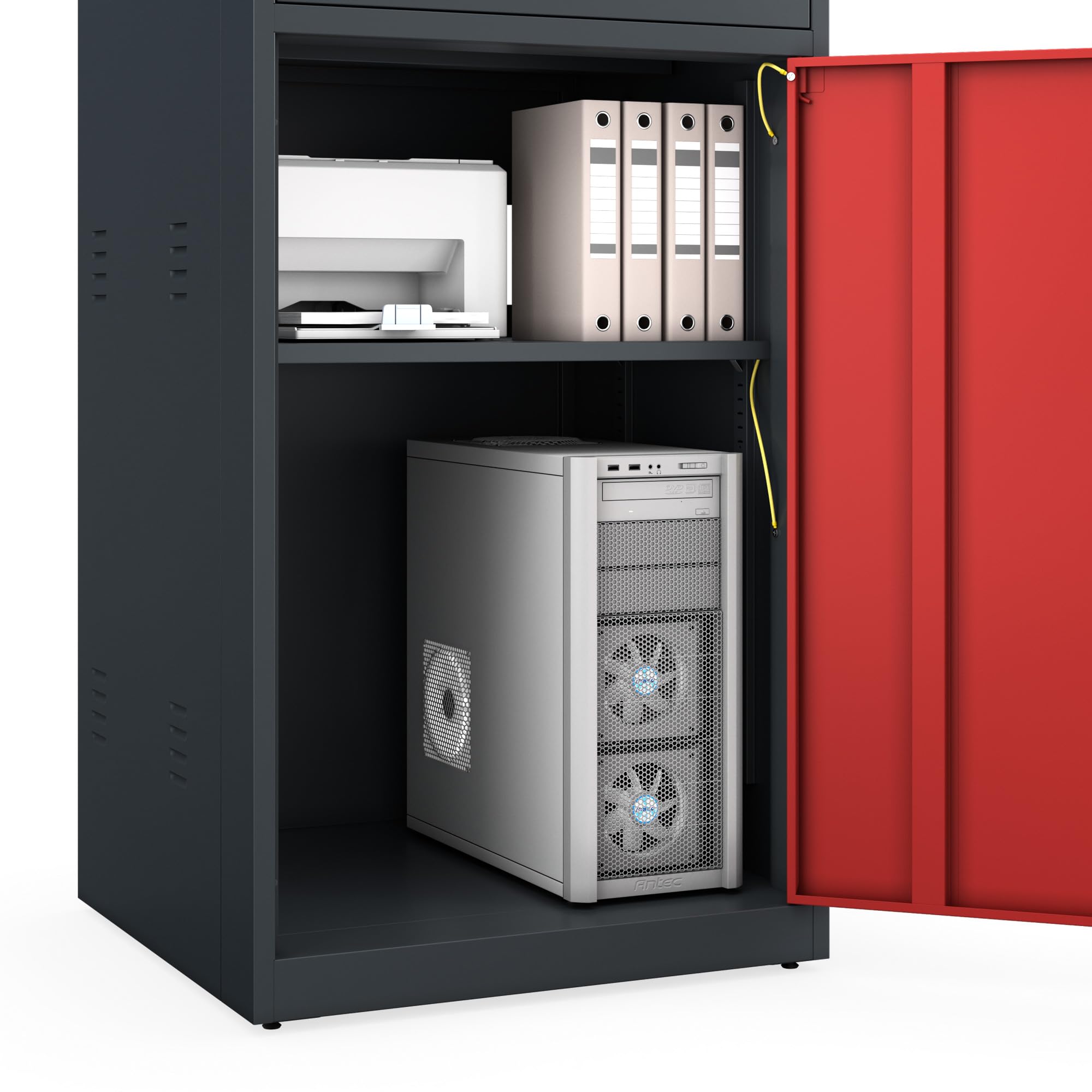 Jan Nowak Poste de Travail Informatique Armoire PC Armoire Informatique avec tiroir pour Atelier Entrepôt Métal 175 cm x 64 cm x 63 cm (Anthracite-Rouge)