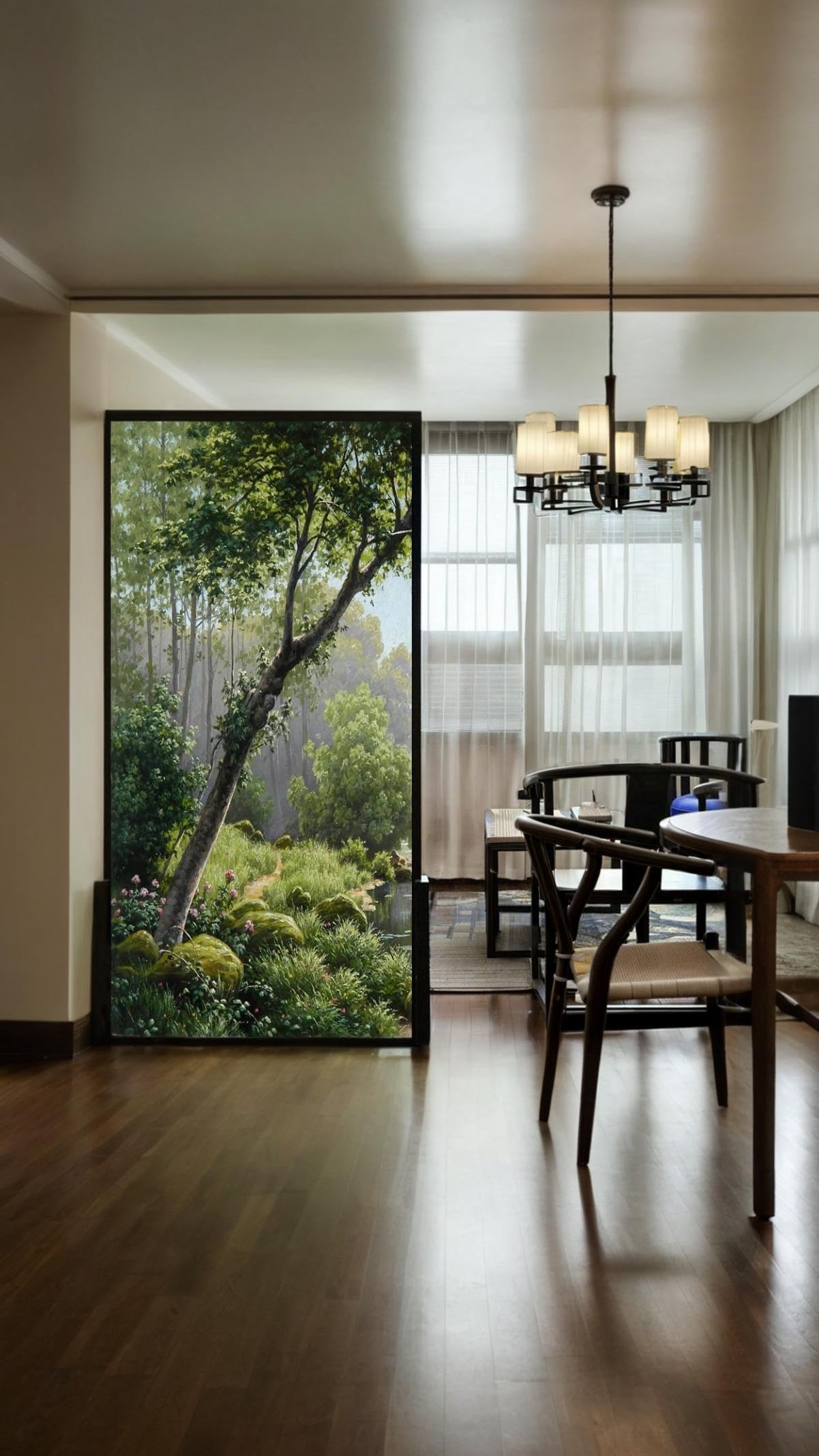 Forest Creek Landscape Oil Painting Window Film - Privacy, Decorative Static Cling Window Stickers, No Glue Window Coverings, Window Tint - Size: 60x120cm