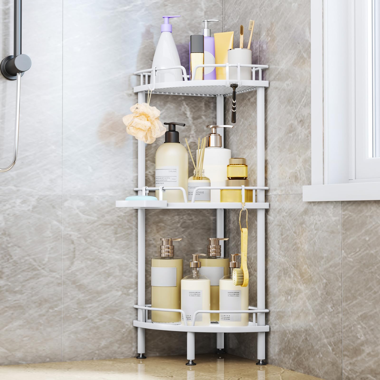 Consumest Corner Shower Caddy Stand - 3 Tier Shower Organizer with Soap Holder Tall Floor Corner Shelf Standing