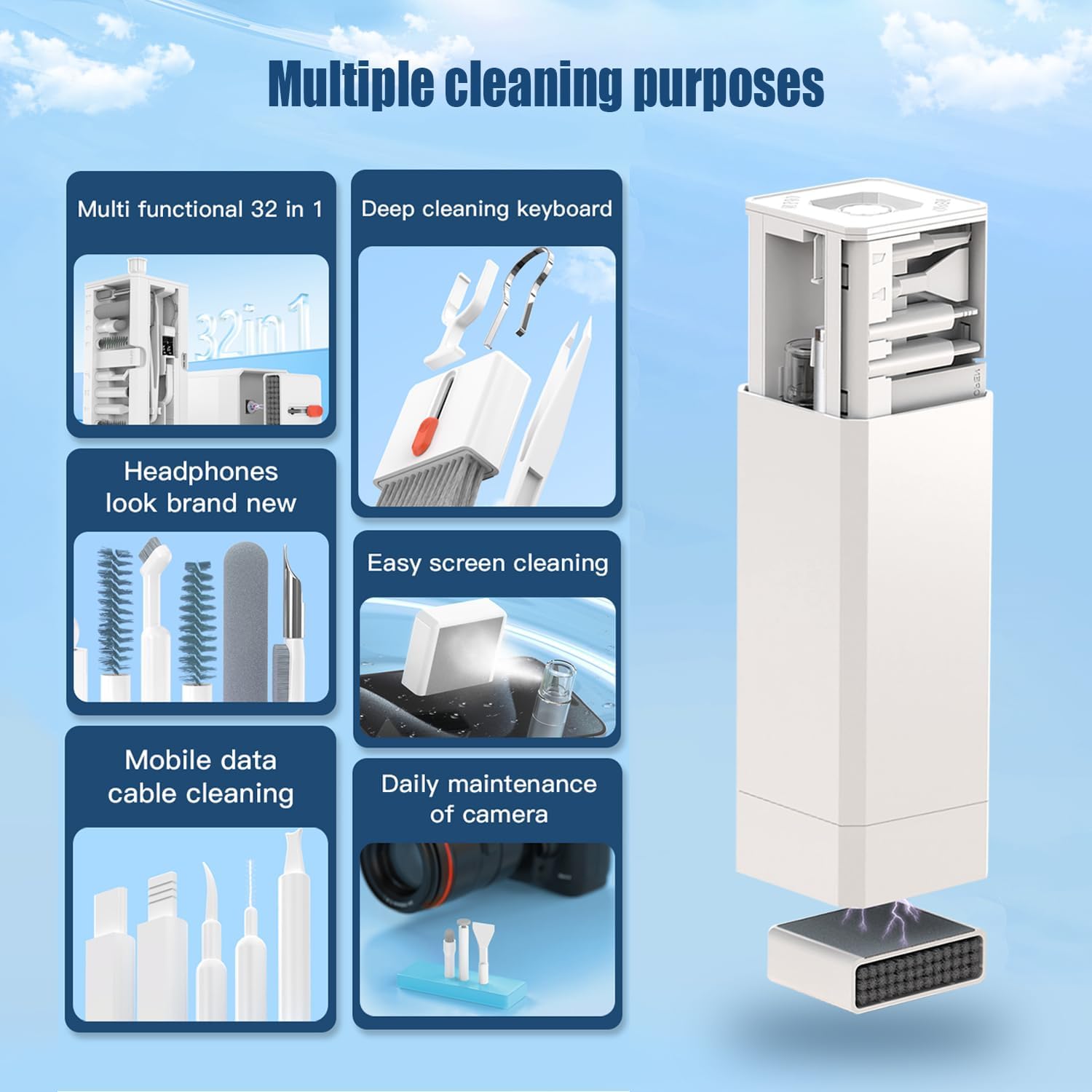 Keyboard Cleaning Kit Laptop Cleaner, 32-in-1 Computer Screen Cleaning Brush Tool, Multi-Function PC Electronic Cleaner Kit for iPad iPhone Pro, Earbuds, Camera Monitor(White)