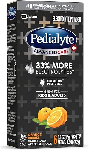 Miniatura 12 de Pedialyte AdvancedCare Plus Electrolyte Powder, tiene un 33% más de electrolitos y prebióticos PreActiv, brisa de naranja, 6 paquetes de polvo