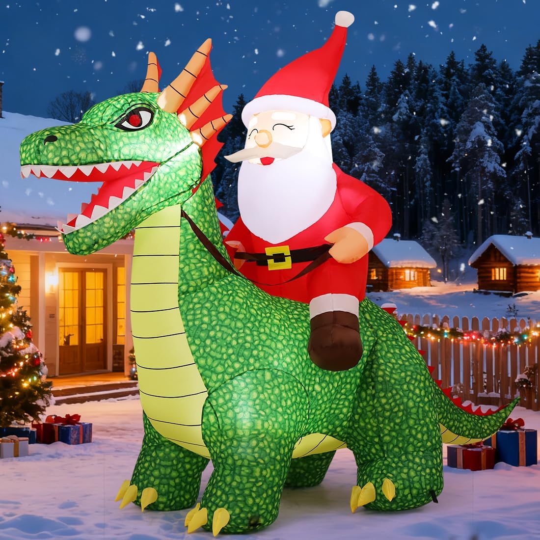 7.2 FT Long Christmas Inflatable Dinosaur Outdoor Decorations Blow Up Yard Santa Rides Dinosaur with Built-in LEDs for Outdoor Garden Lawn Party Decor