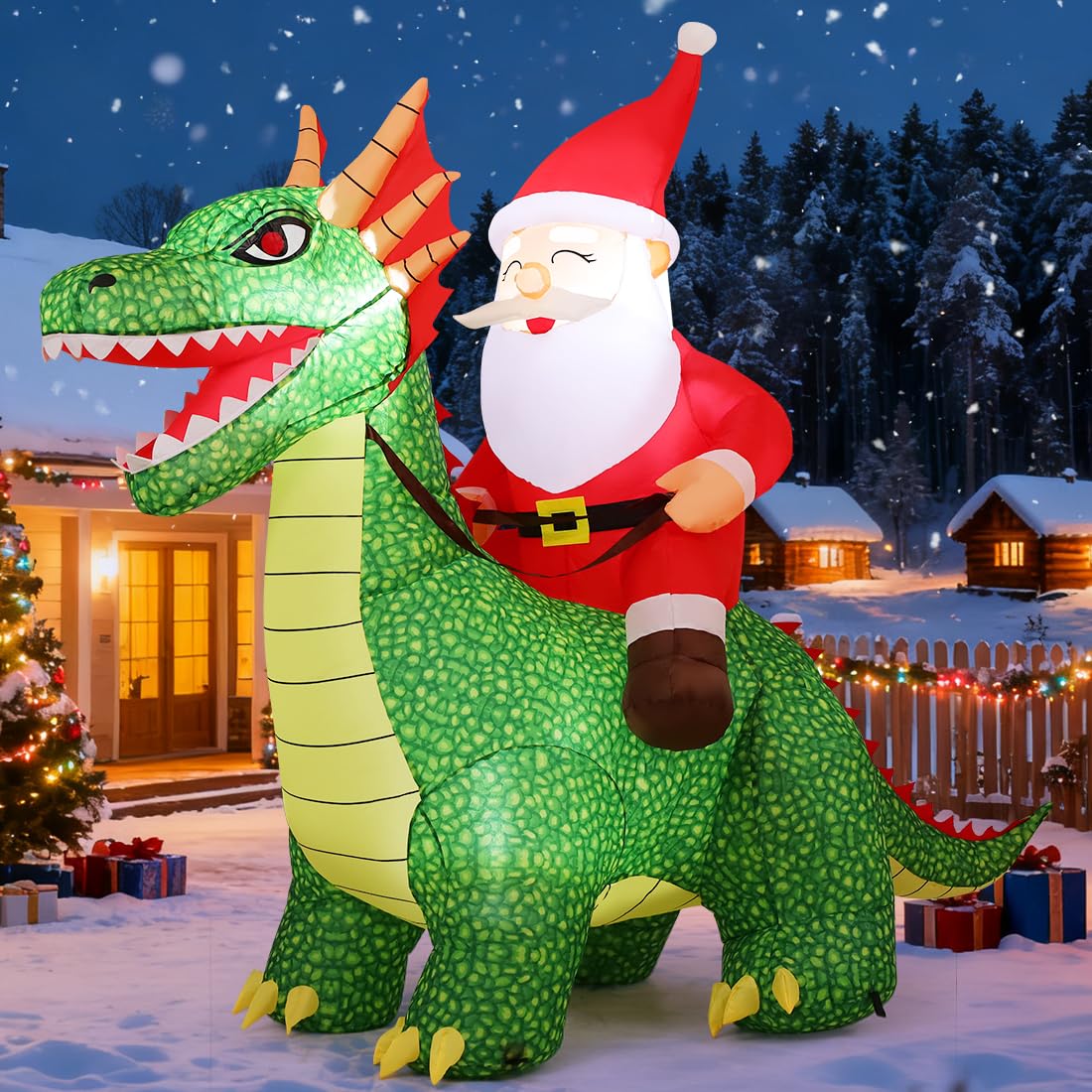 GOOSH 7.2 FT Long Christmas Inflatable Dinosaur Outdoor Decorations Blow Up Yard Santa Rides Dinosaur with Built-in LEDs for Outdoor Garden Lawn Party Decor