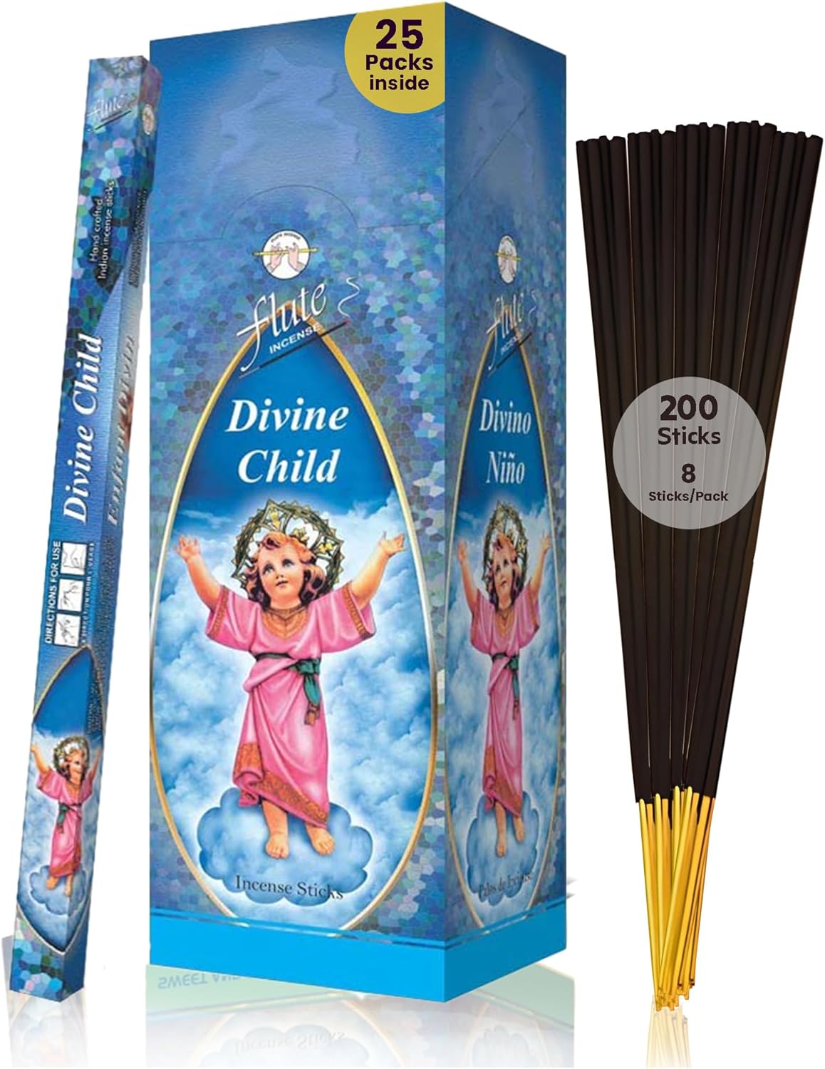 Flute Divine Child Christian Incense Sticks – Catholic & Church Prayer Incense for Holy Worship, Peace & Sacred Ambience – 8 Sticks/Pack, 25 Packs/Box (9 Inch, 200 Sticks) | 40 Minutes Burn Time