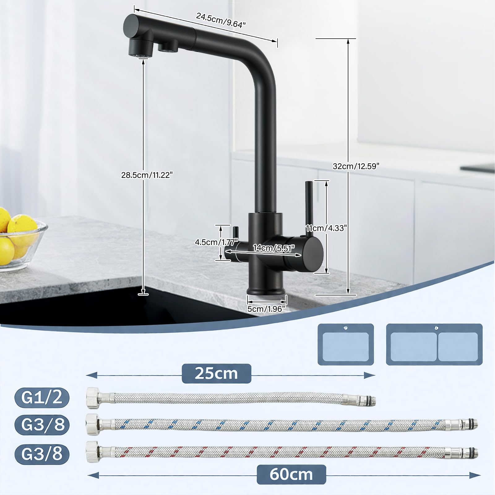 3 Wege Wasserhahn Küche Küchenarmatur 360° Schwarz Schwenkbar Ausziehbar Spültischarmatur 3 in 1 Mischbatterie Küche für Wasserfilter,Trinkwasserhahn mit 2 Hebel ABS Kunststoffdüse