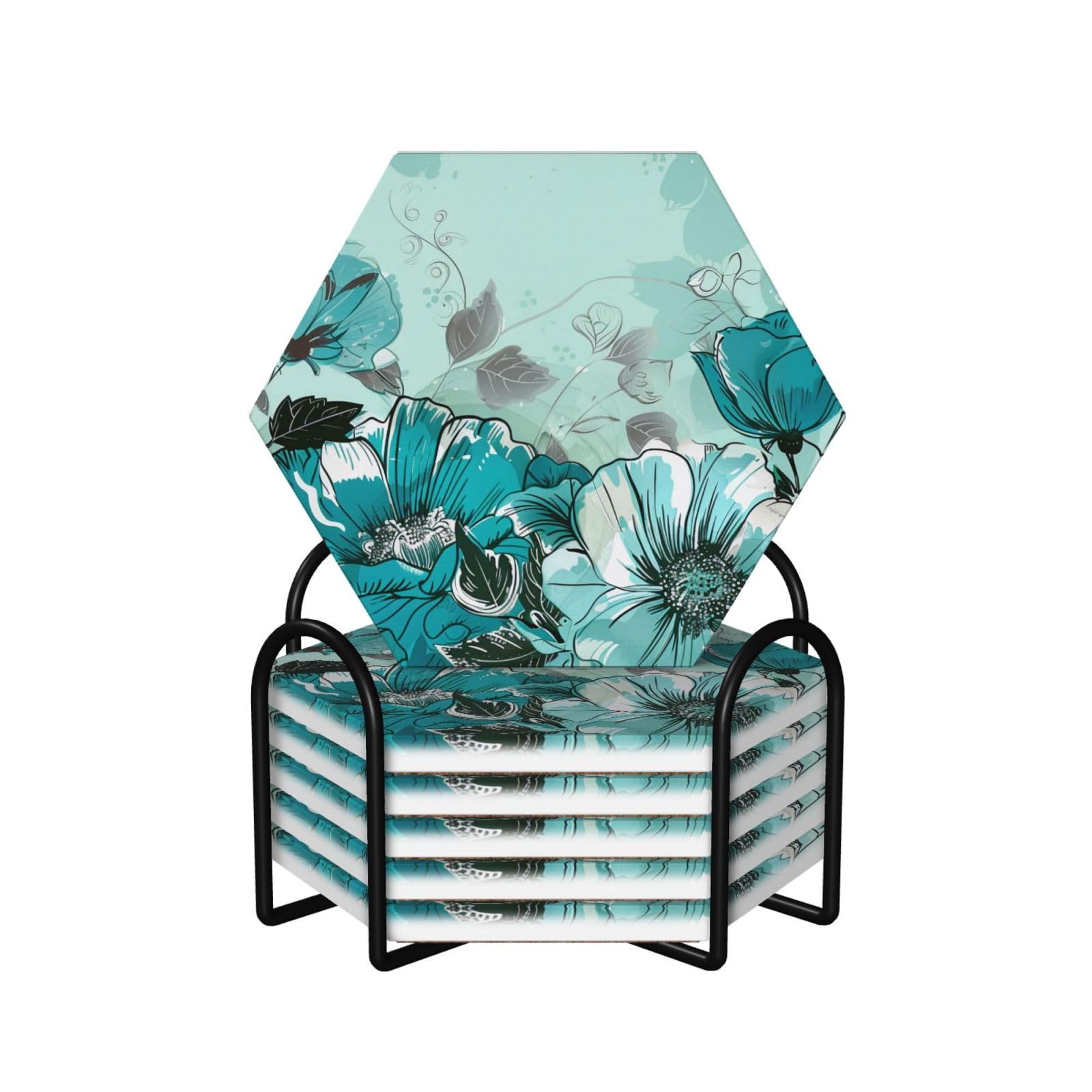Dessous de verre absorbants en céramique avec support noir, lot de 6 pièces pour table