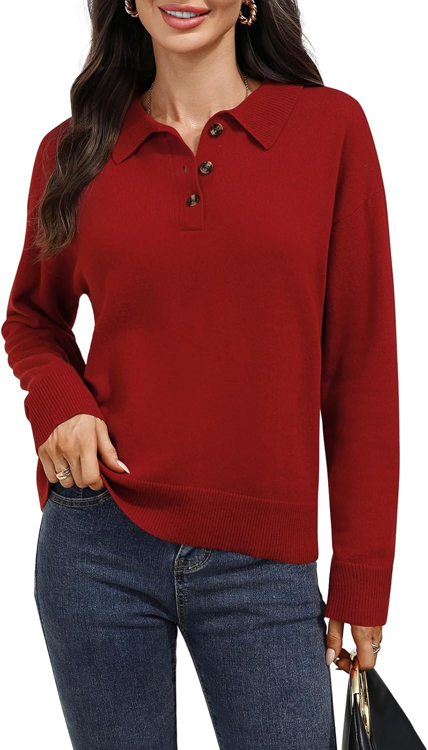 Women's Merino Wool Sweater 100% Wool Polo Cropped Collar Button up Ribbed Long Sleeve Pullover Jumper