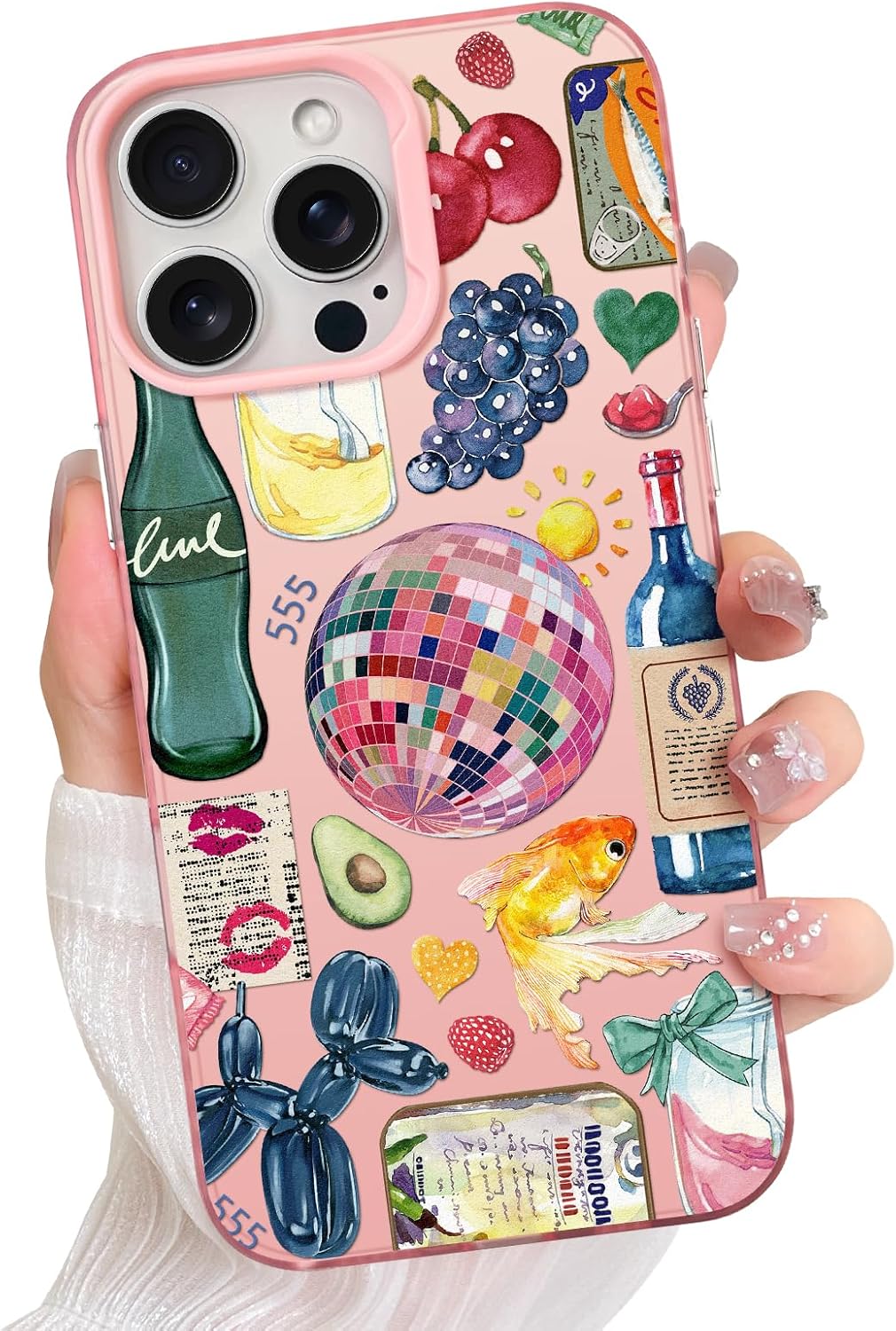 Compatible with iPhone 16 Pro Case Cute Aesthetic for Women Girls, Classic Retro Western Grapes Fruit Drinks Fish Bow Collage Phone Case, Shockproof Protective Cover