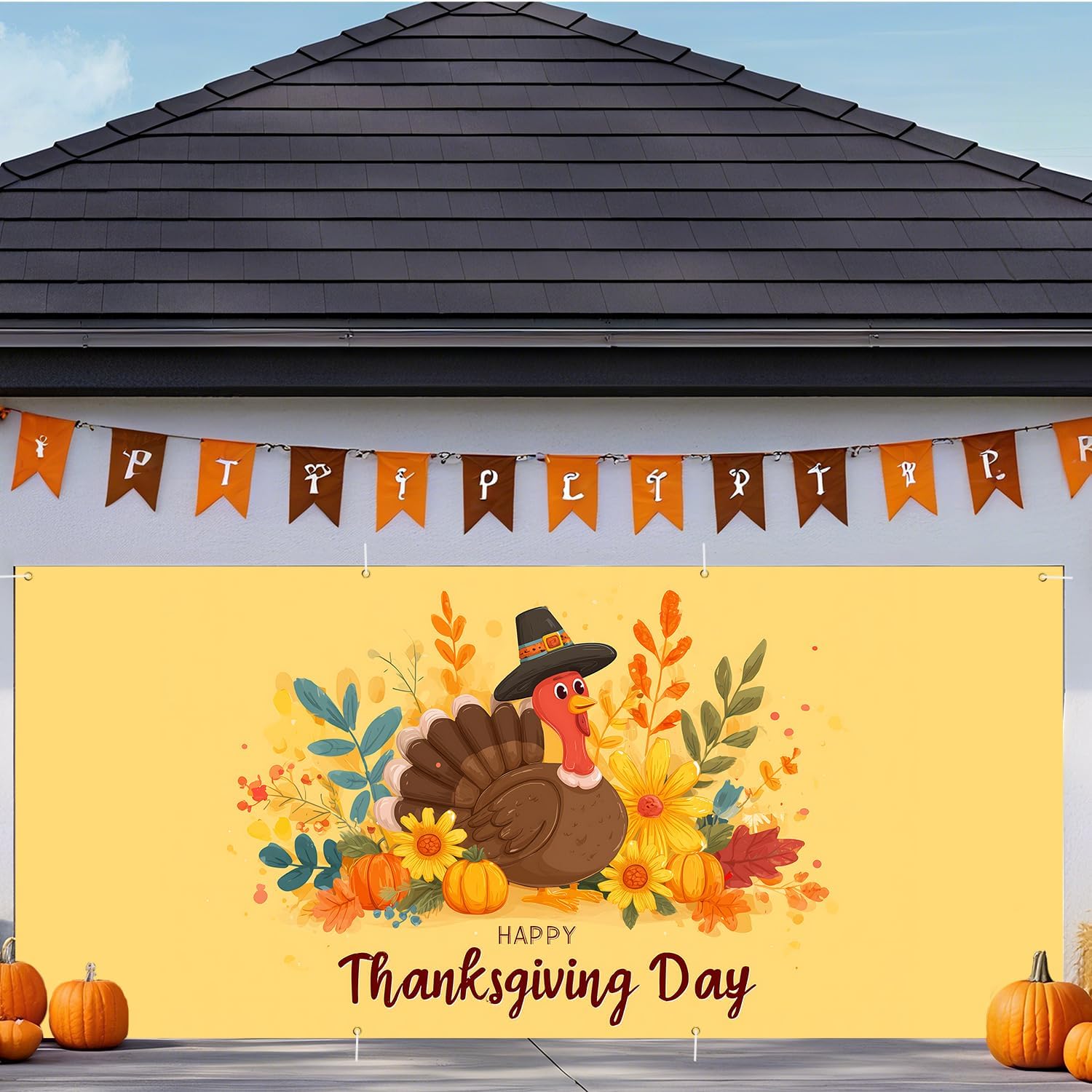 ANNA QUEEN Happy Thanksgiving Garage Door Banner 6 x 13FT, Minimalist Turkey and Leaves, Outdoor Garage Decoration for Parties Home Decor