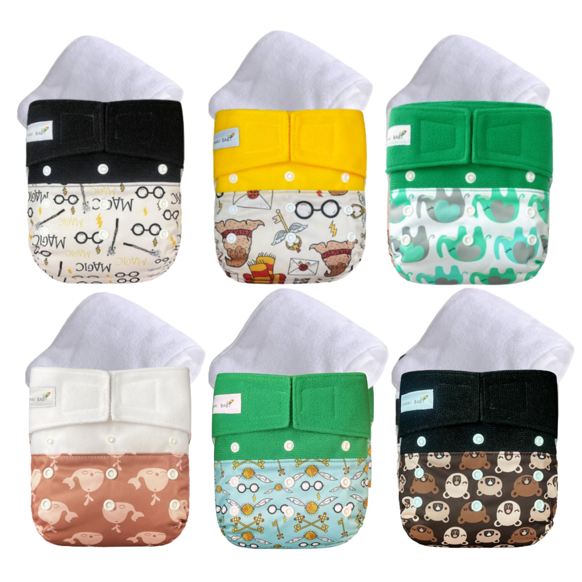 KaWaii Baby One Size HD3 Cloth Diapers, Reusable Adjustable Gender Neutral Easy Hook & Loop 8-36 lbs, Set of 6 Diapers with 6 Super Absorbent Stay-Dry Diaper Inserts
