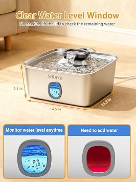 SIBAYS 4Gal/15L Large Dog Water Fountain, Stainless Steel Pet Fountain with Water Window & LED Light, Ultra Quiet Automatic Dog Water Bowl Dispenser for Large Dogs & Multi-pet, Easy to Clean FS76
